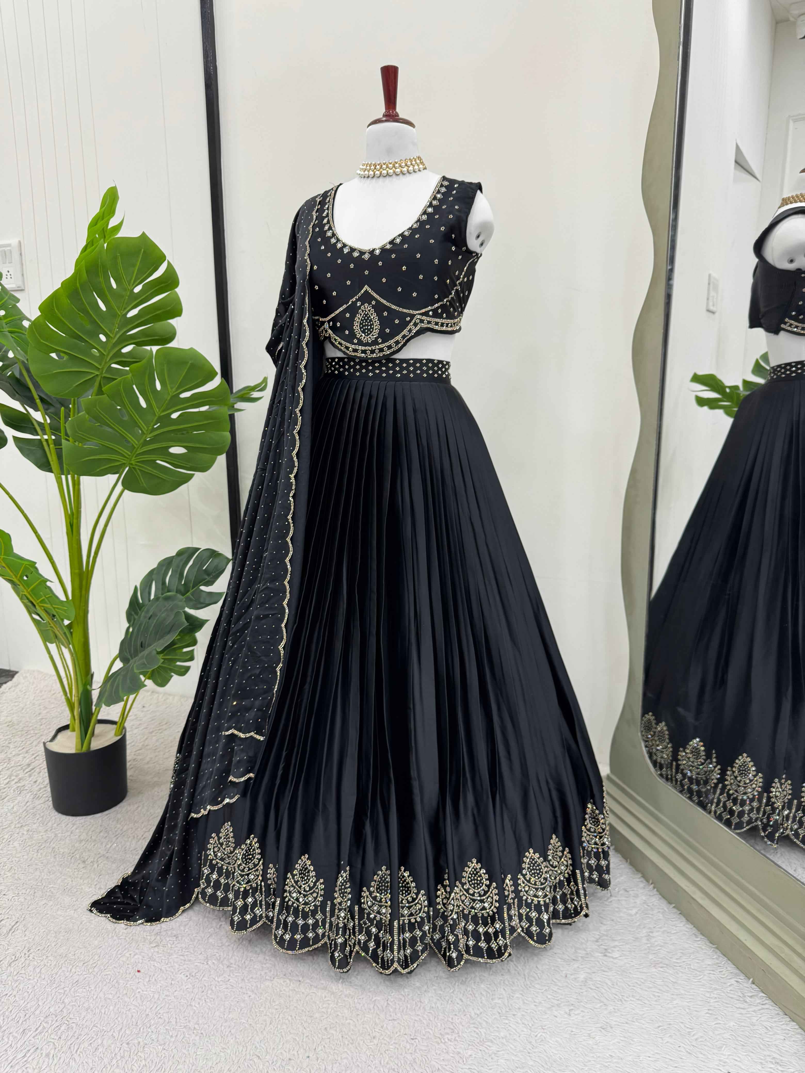 Party Wear Black Color Foux Gogette Lehenga For Women