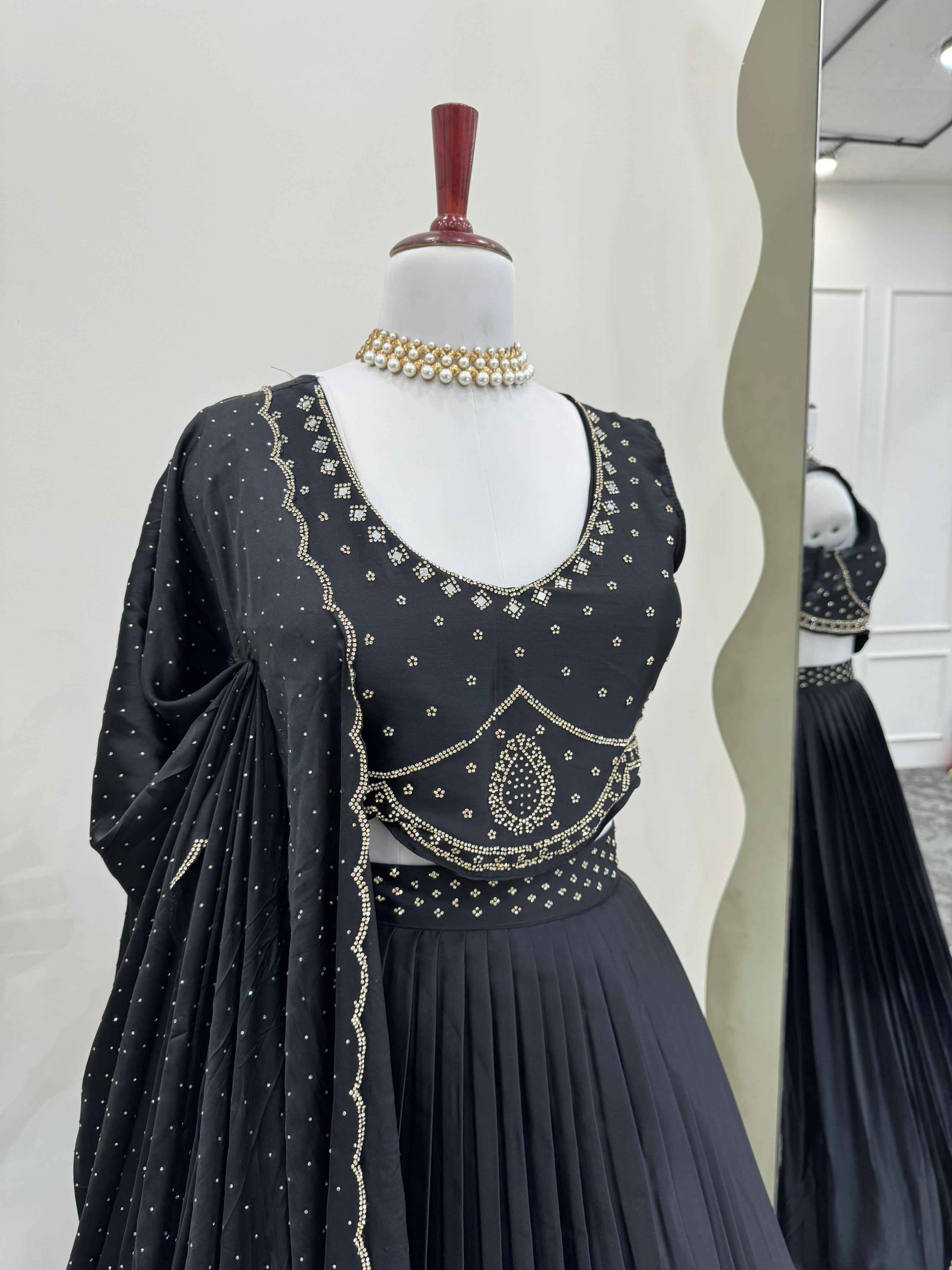 Party Wear Black Color Foux Gogette Lehenga For Women