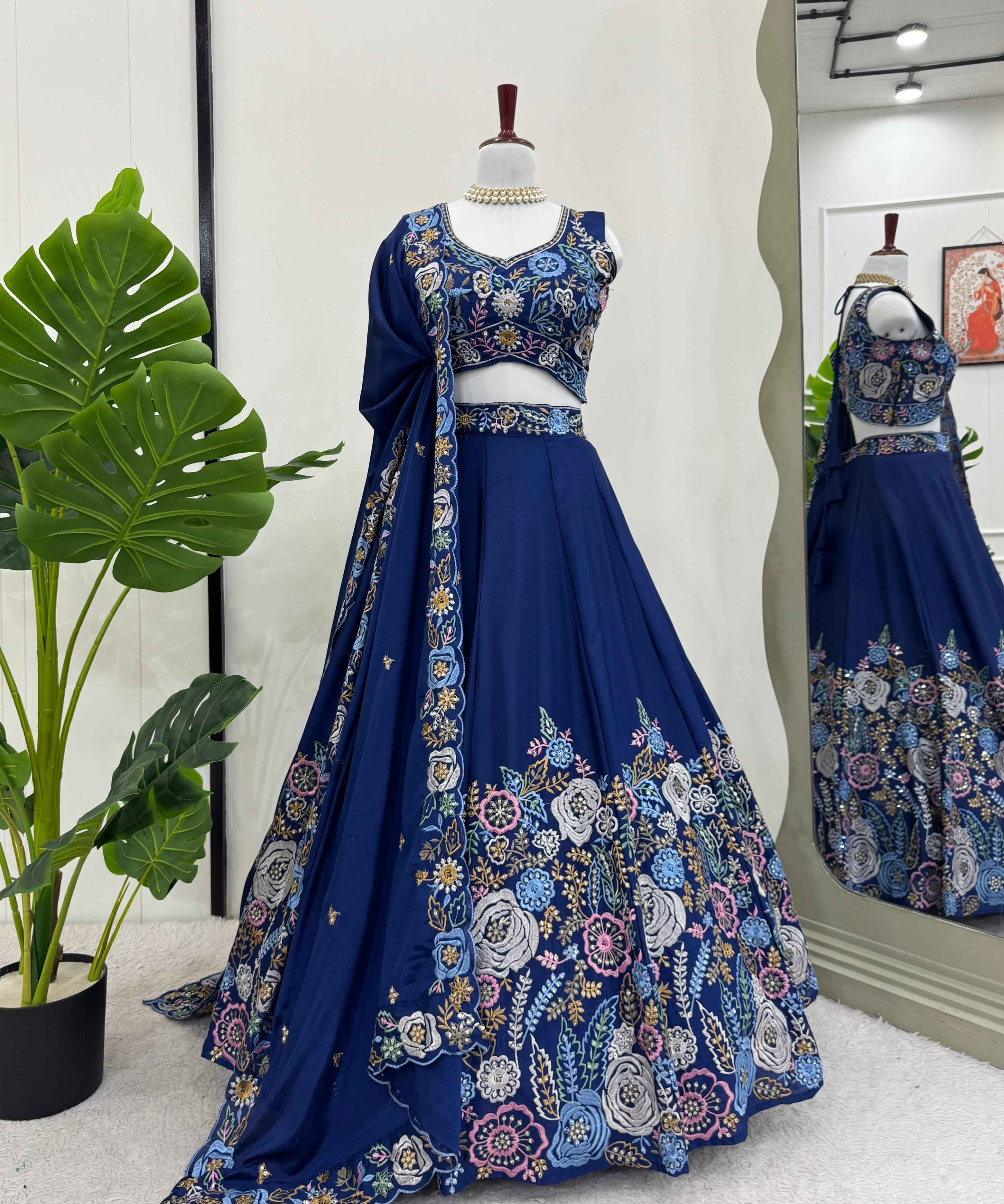 Wedding Wear Blue Color Foux Gorgette Lehenga For Girls