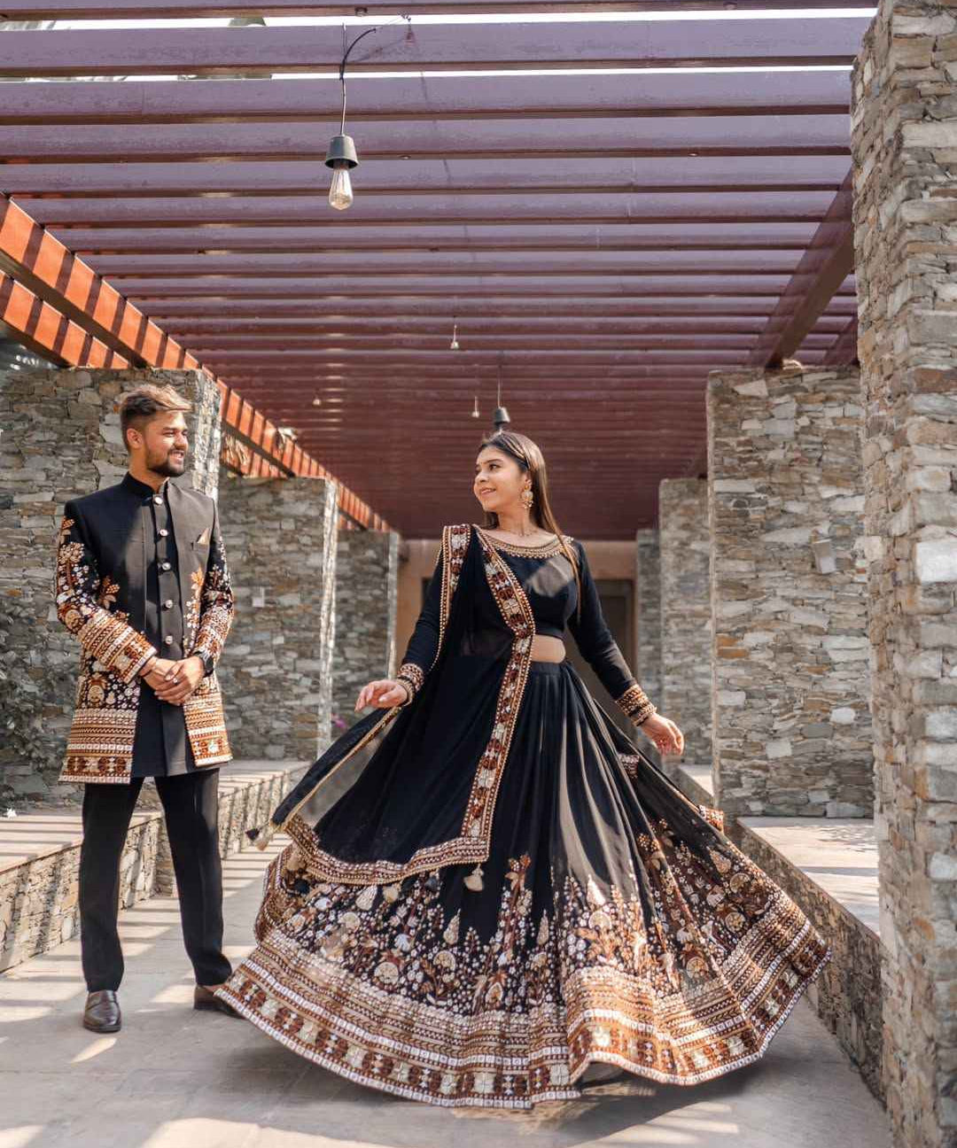 Wedding Wear Black Color Foux Gorgette Lehenga For Girls