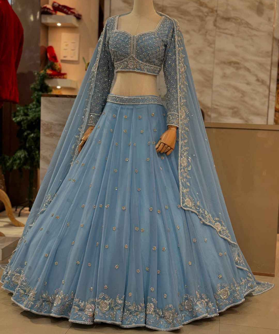 Party Wear Sky Blue Color Fox Gorgette Lehenga For Girls