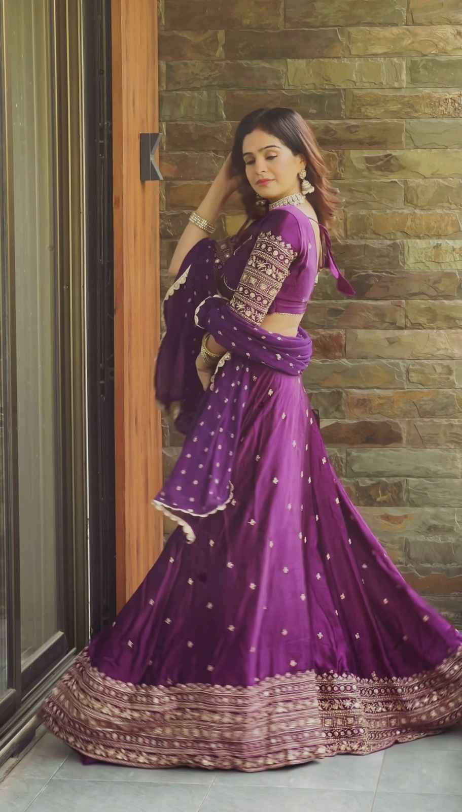 Wedding Wear Purple Color Satin Silk Lehenga For Girls
