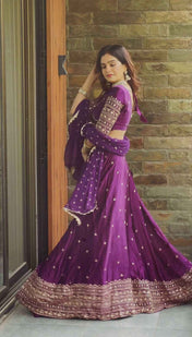 Wedding Wear Purple Color Satin Silk Lehenga For Girls