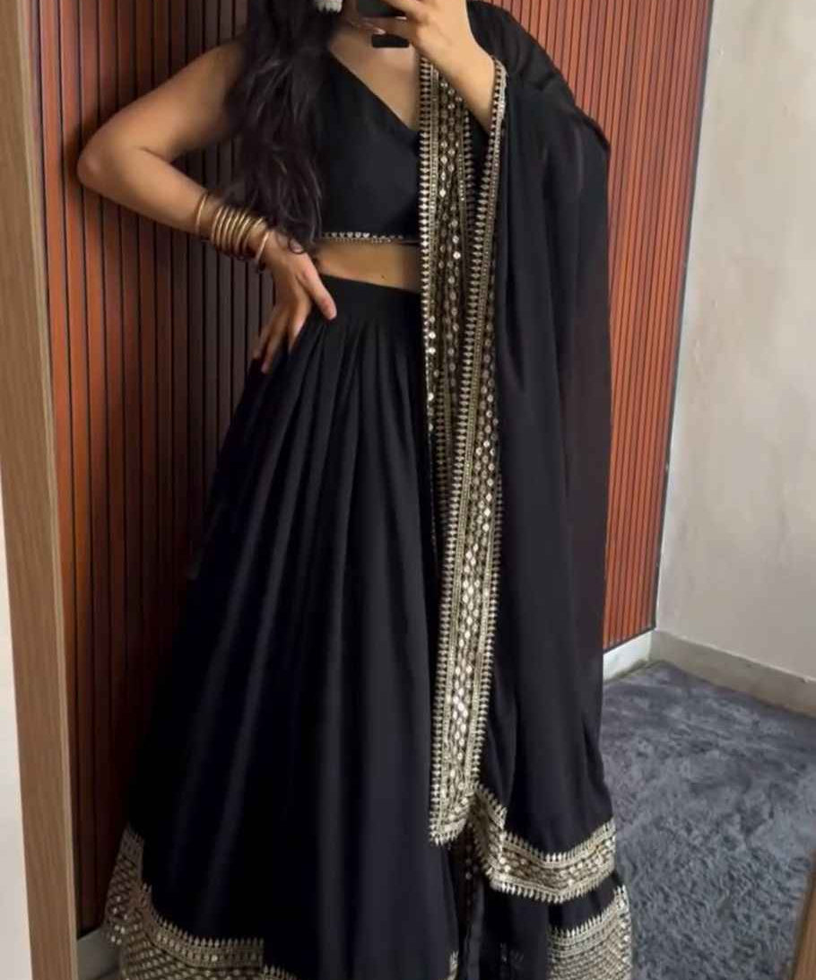 Wedding Wear Black Color Foux Gorgette Lehenga For Girls