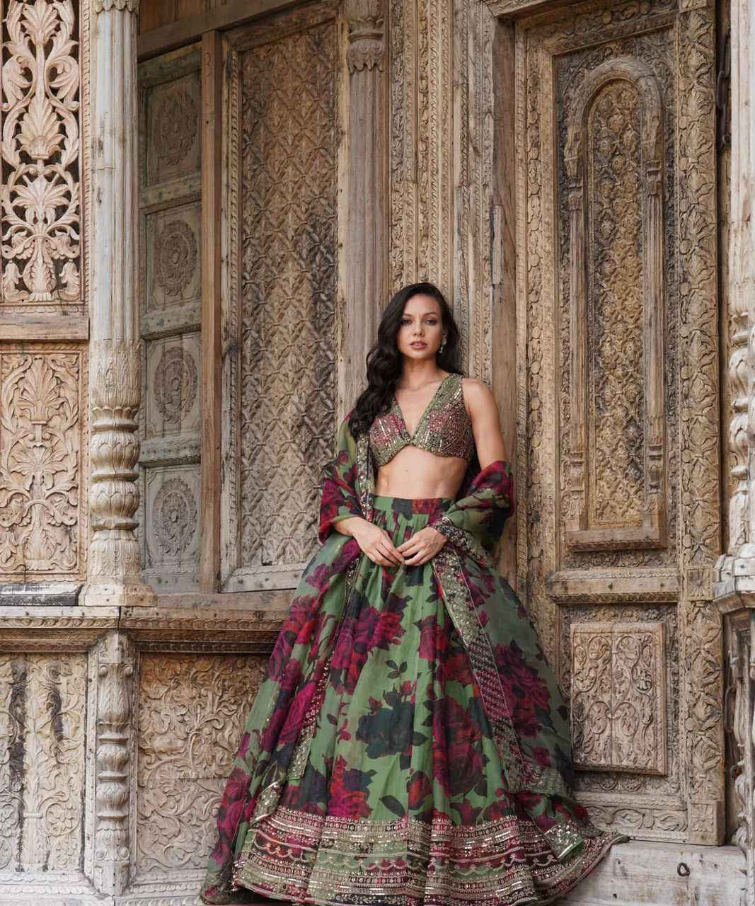 Wedding Wear Multi Color Tabby Orgnza Lehenga Choli For Women