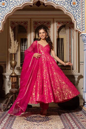 Hot Pink Banarasi Silk Anarkali Suit Set with Zari Weaving & Dupatta