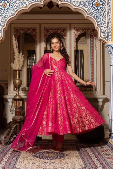 Hot Pink Banarasi Silk Anarkali Suit Set with Zari Weaving & Dupatta