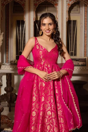 Hot Pink Banarasi Silk Anarkali Suit Set with Zari Weaving & Dupatta