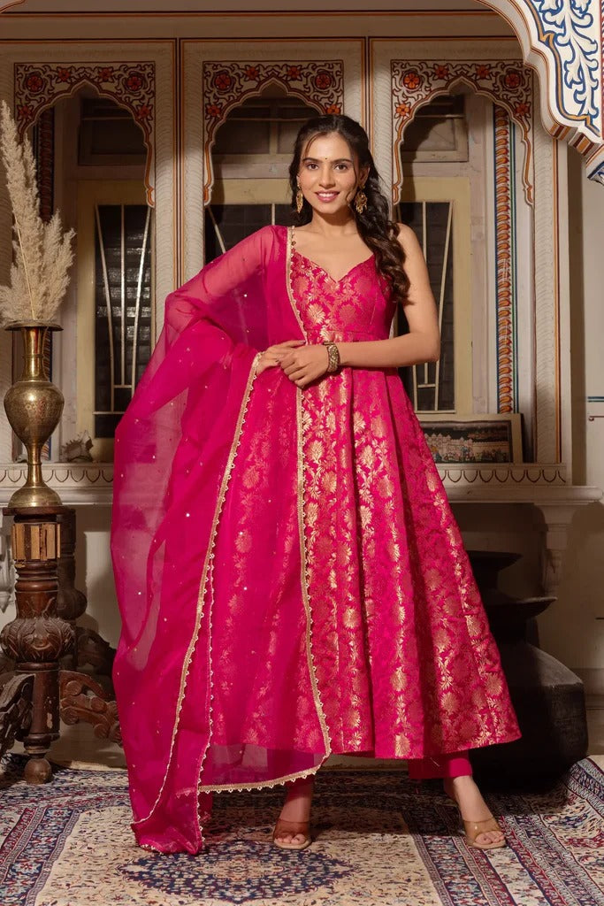 Hot Pink Banarasi Silk Anarkali Suit Set with Zari Weaving & Dupatta