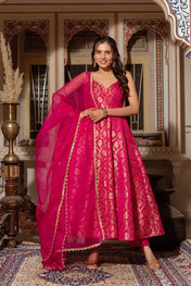 Hot Pink Banarasi Silk Anarkali Suit Set with Zari Weaving & Dupatta