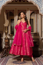 Hot Pink Banarasi Silk Anarkali Suit Set with Zari Weaving & Dupatta