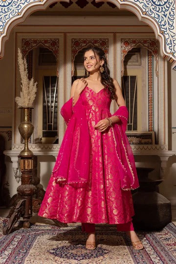Hot Pink Banarasi Silk Anarkali Suit Set with Zari Weaving & Dupatta