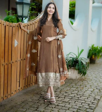 Brown Silk Embroidered Anarkali Suit with Dupatta