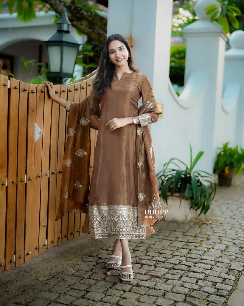 Brown Silk Embroidered Anarkali Suit with Dupatta