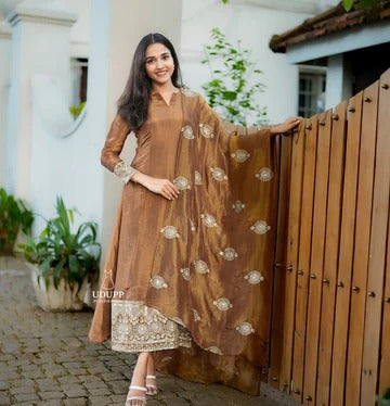 Brown Silk Embroidered Anarkali Suit with Dupatta