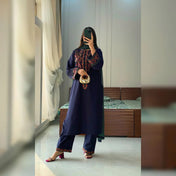 Royal Navy Blue Embroidered Straight Kurti Pant Set with Dupatta