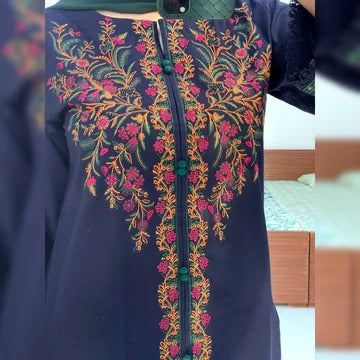 Royal Navy Blue Embroidered Straight Kurti Pant Set with Dupatta