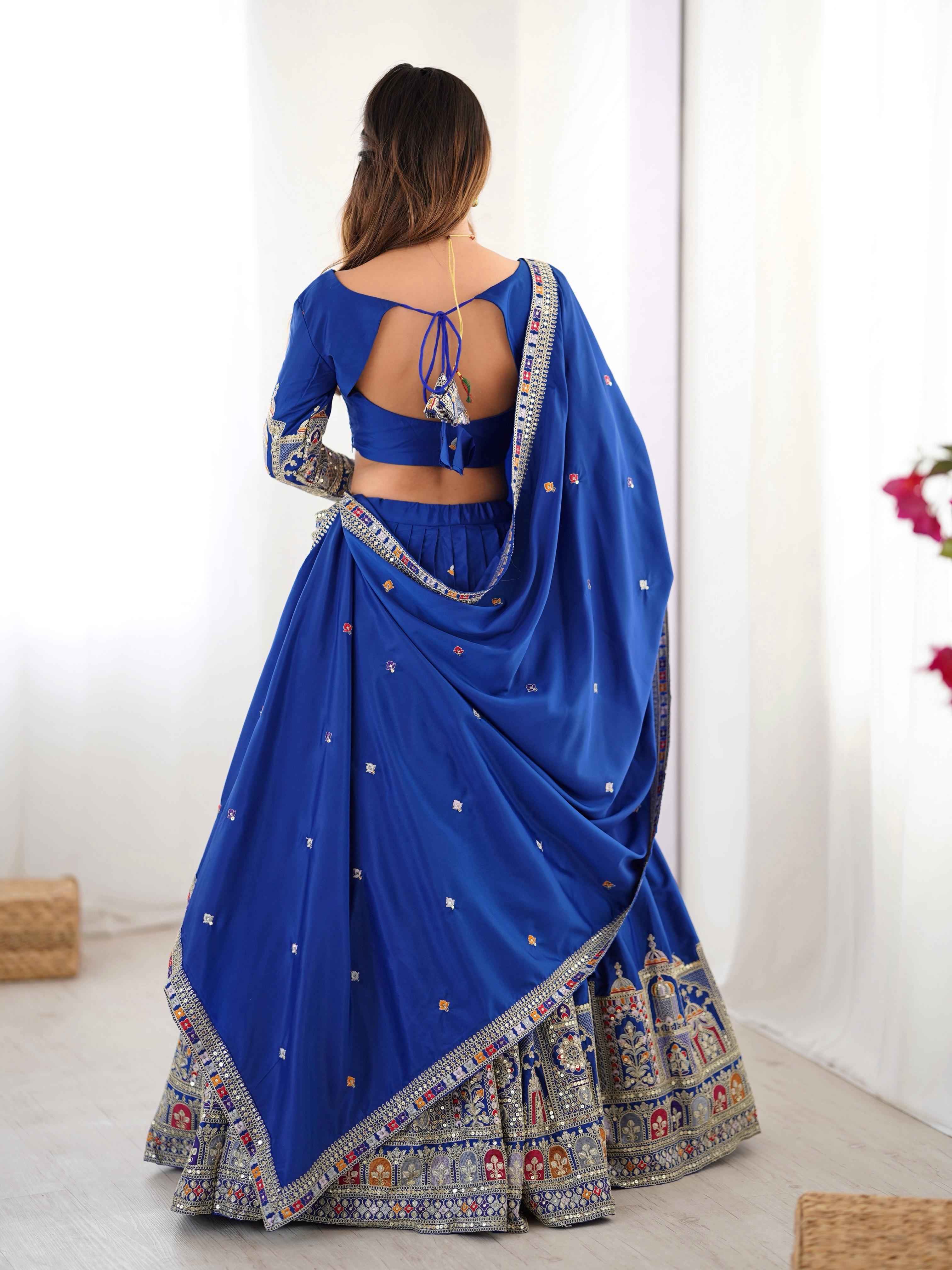Wedding Wear Blue Color Natural Crep Silk Lehenga For Bride