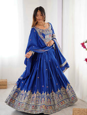 Wedding Wear Blue Color Natural Crep Silk Lehenga For Bride