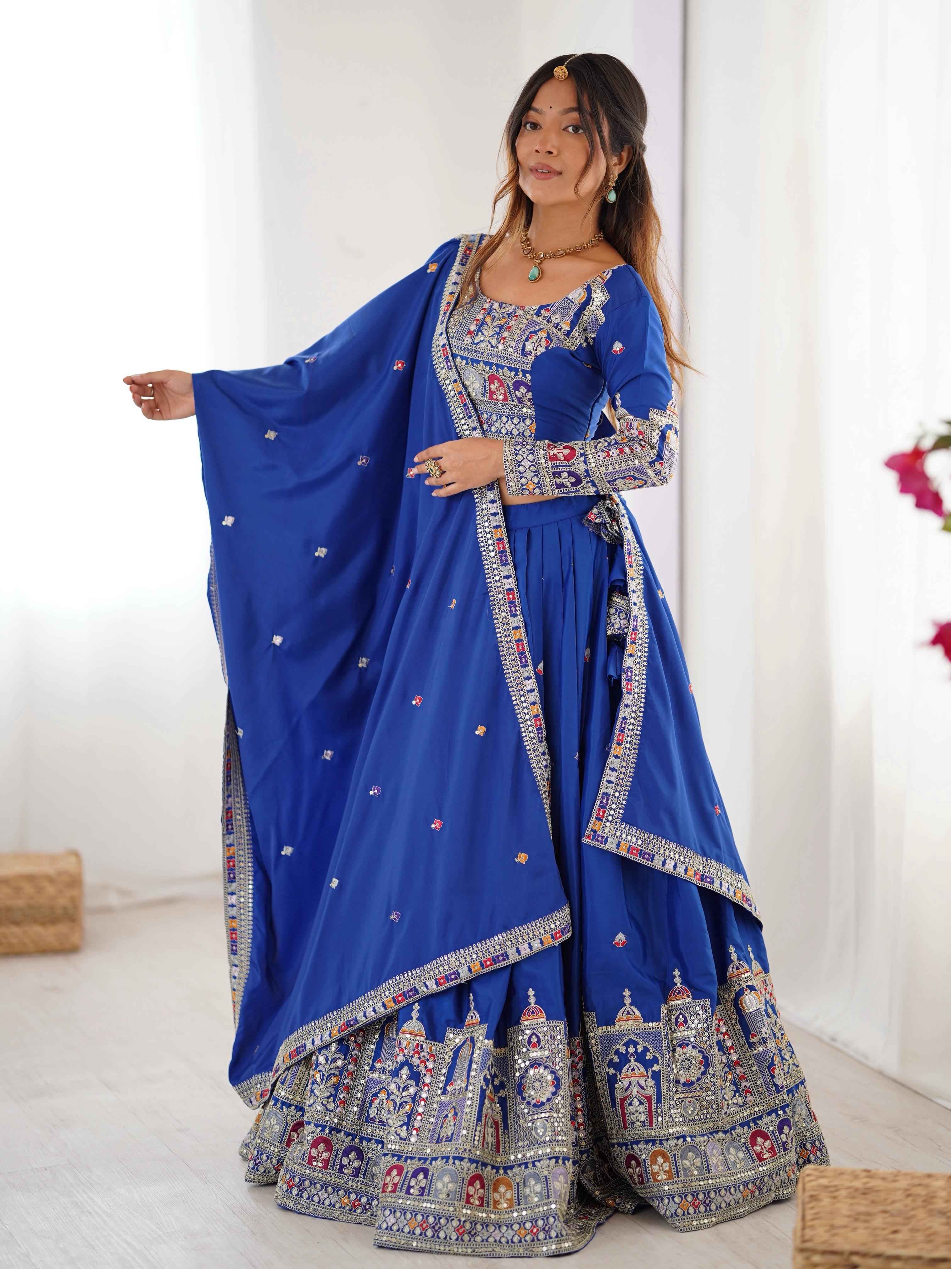 Wedding Wear Blue Color Natural Crep Silk Lehenga For Bride
