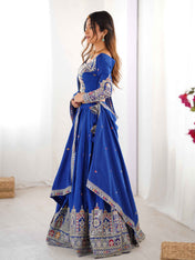 Wedding Wear Blue Color Natural Crep Silk Lehenga For Bride