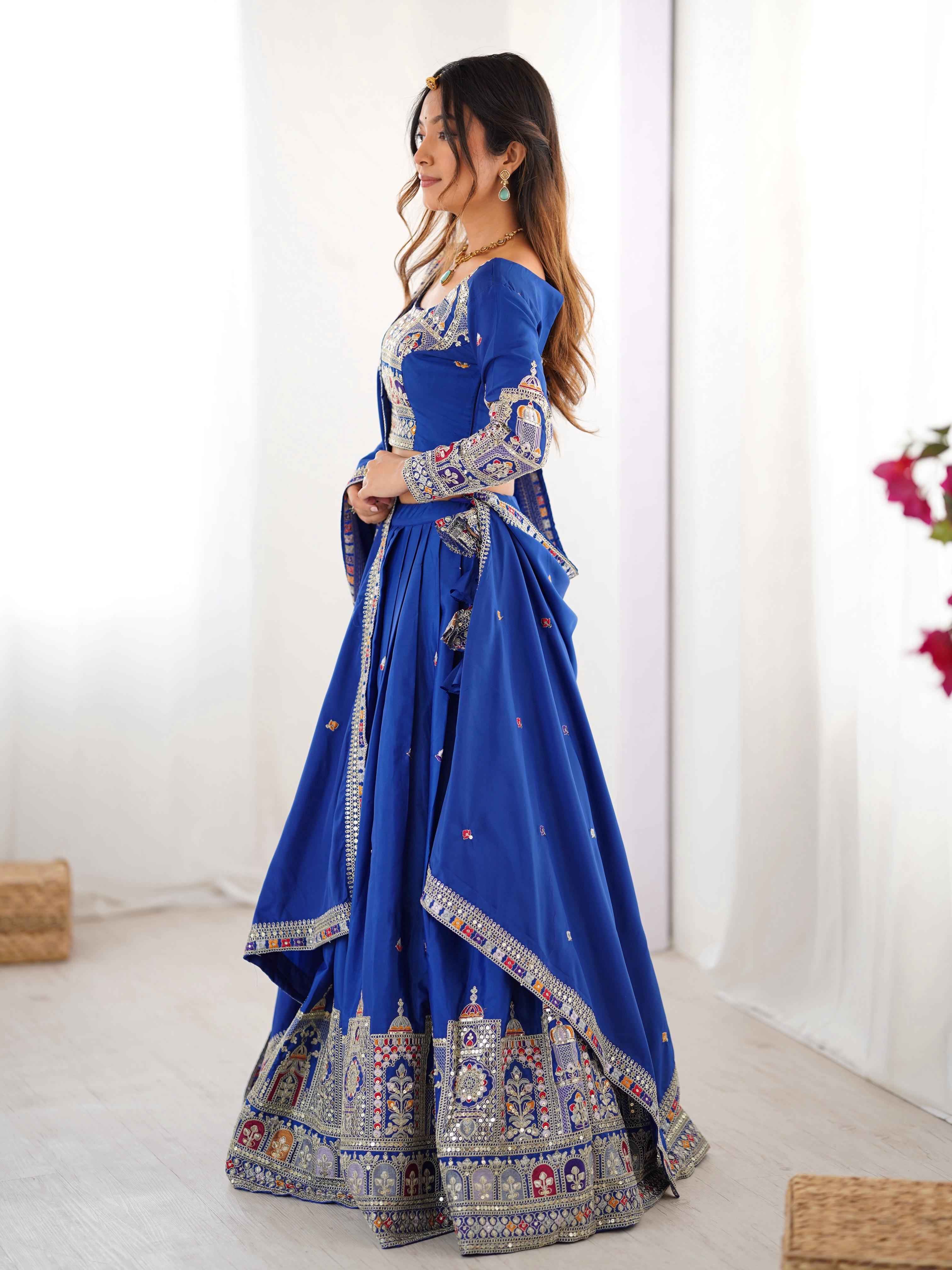 Wedding Wear Blue Color Natural Crep Silk Lehenga For Bride