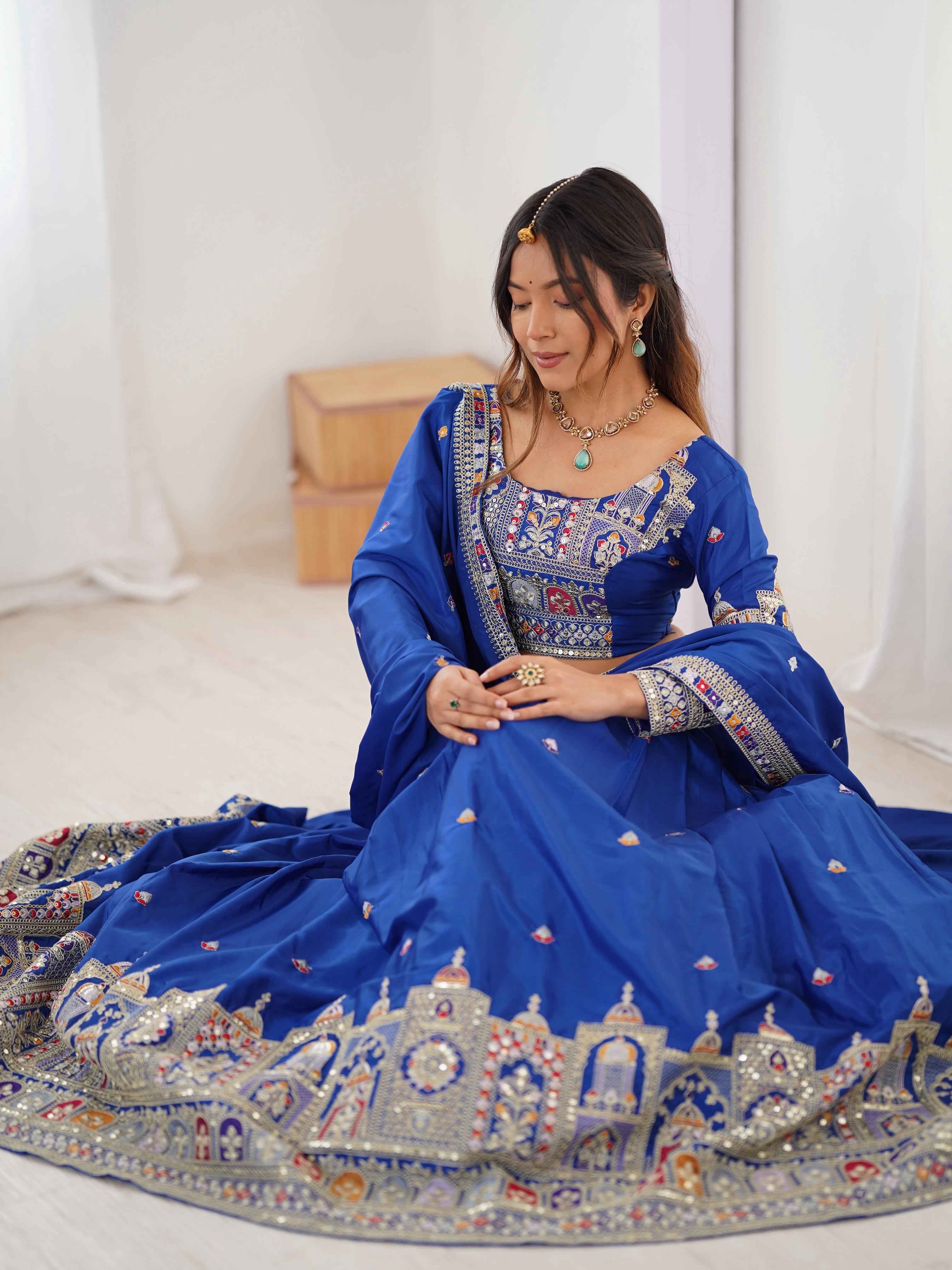 Wedding Wear Blue Color Natural Crep Silk Lehenga For Bride