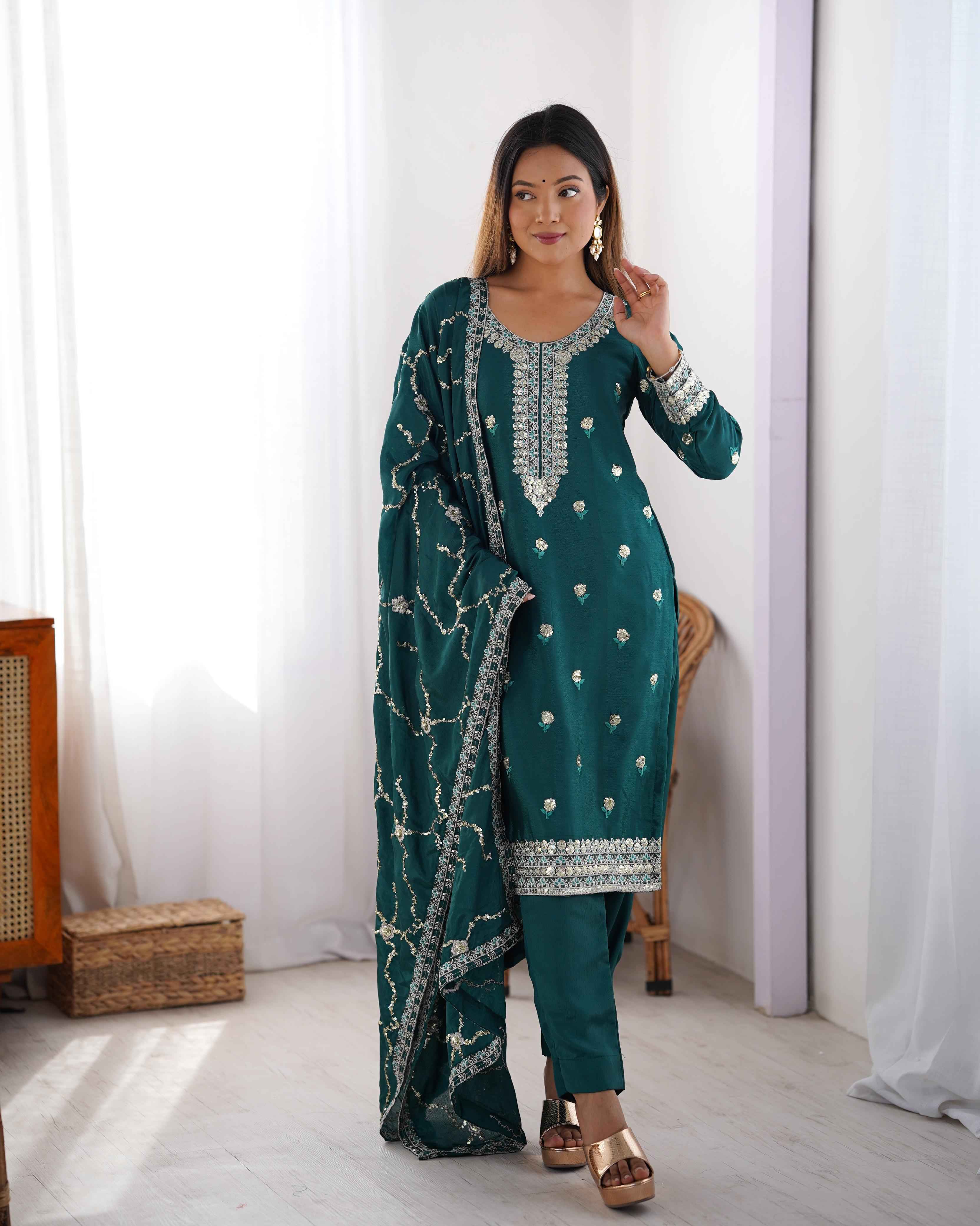 Wedding Wear Green Color Chinon Silk Kurti For Girls
