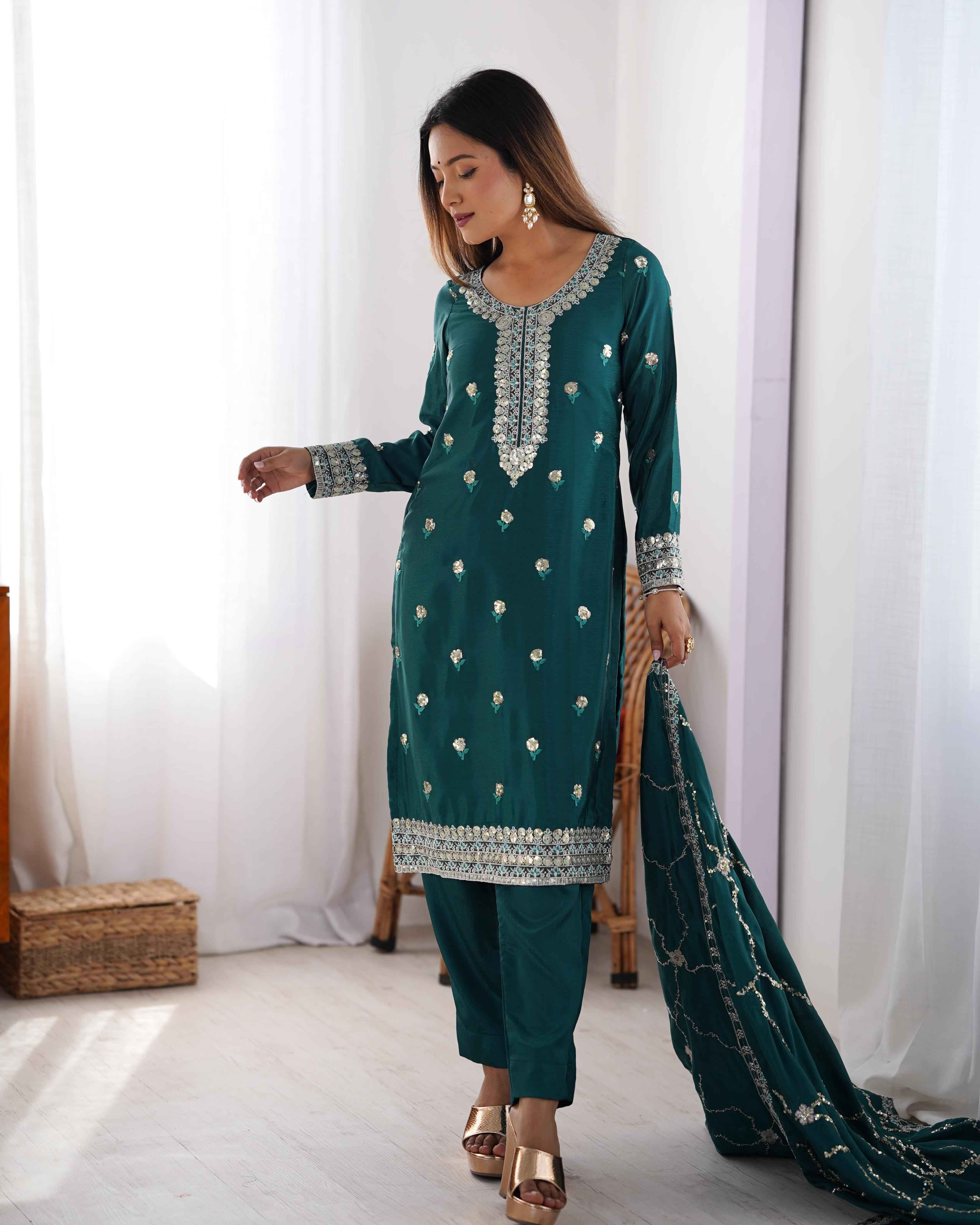 Wedding Wear Green Color Chinon Silk Kurti For Girls