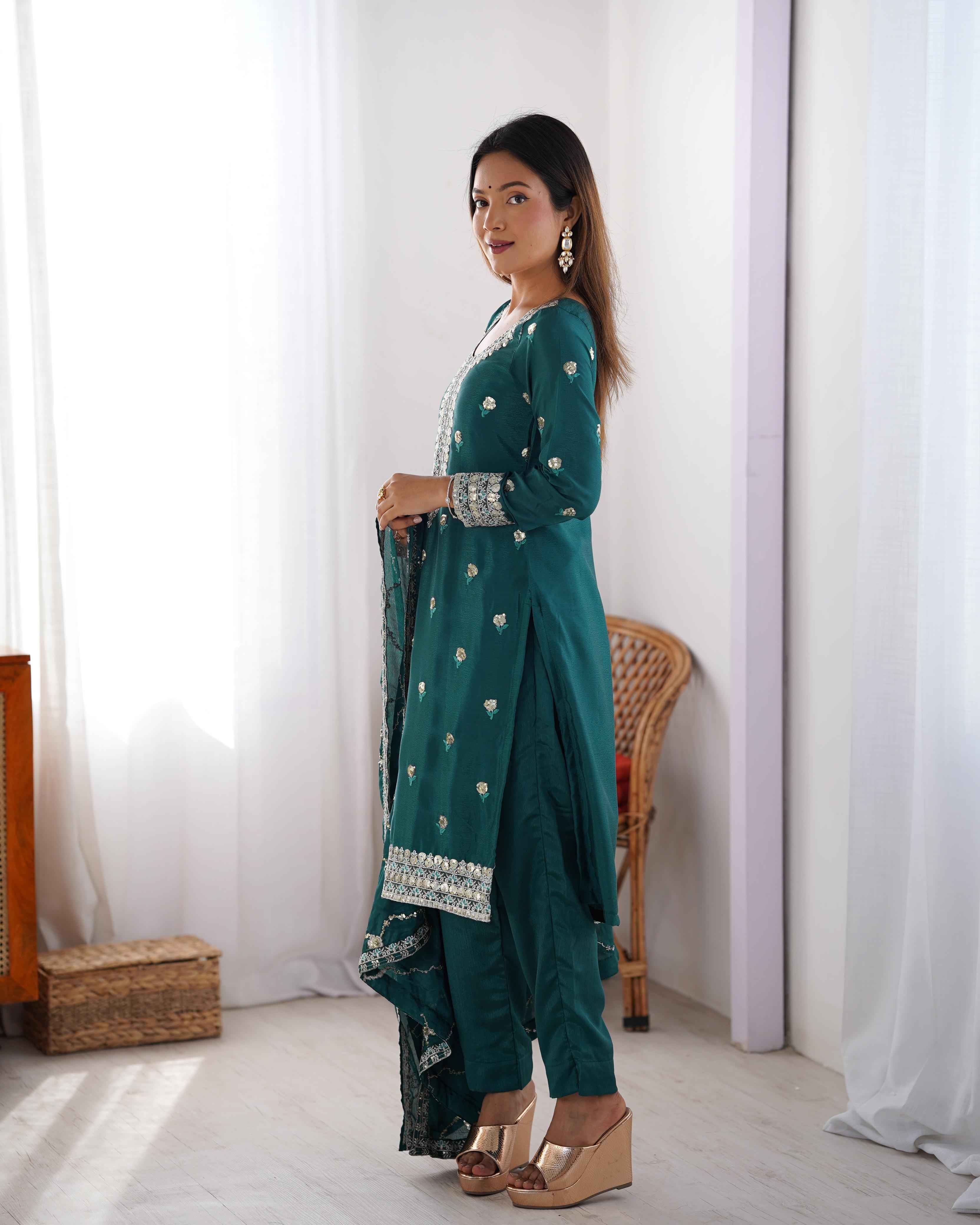 Wedding Wear Green Color Chinon Silk Kurti For Girls