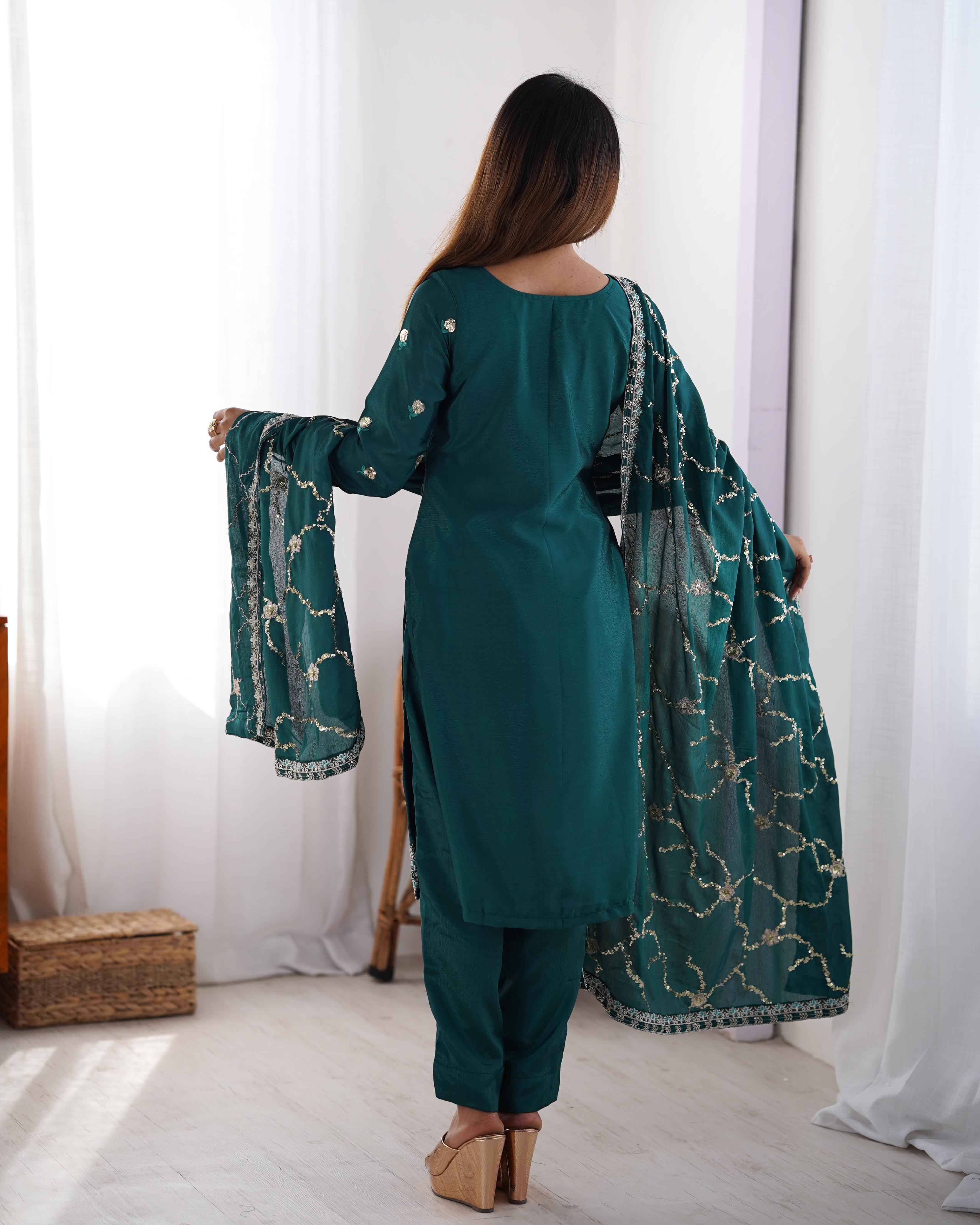 Wedding Wear Green Color Chinon Silk Kurti For Girls