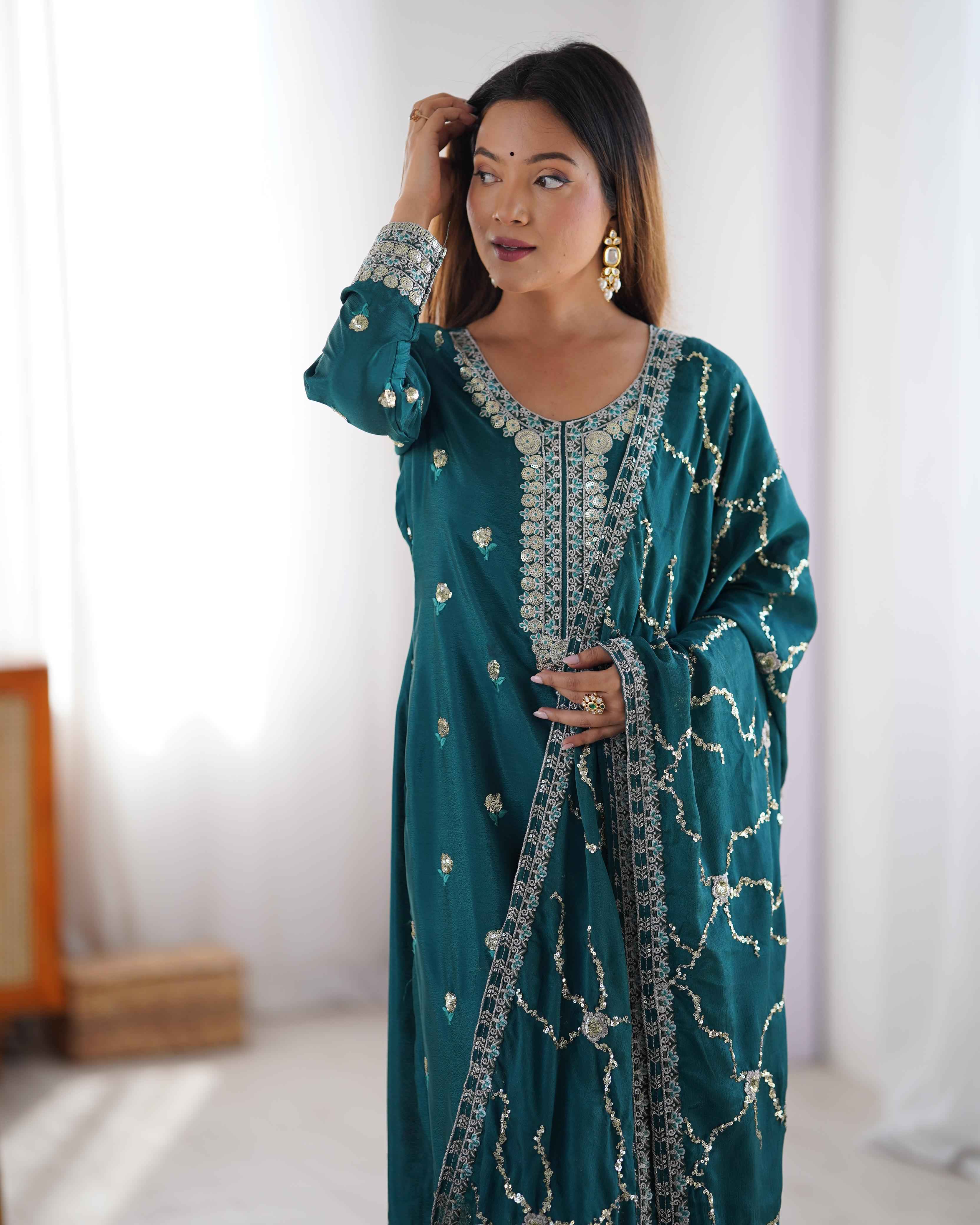 Wedding Wear Green Color Chinon Silk Kurti For Girls