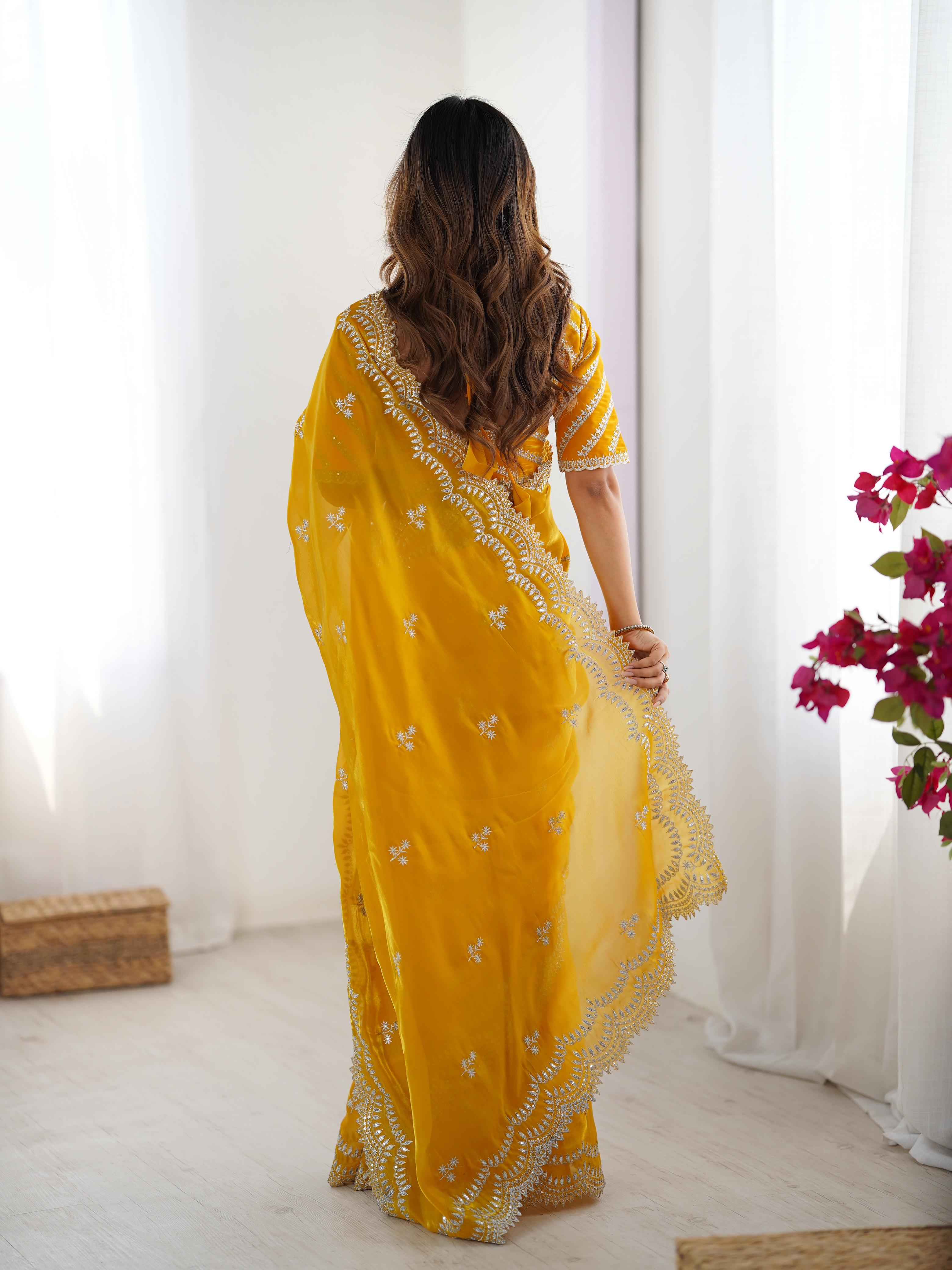 Wedding Wear Yellow Color Jimmy Chu Saree For Girls