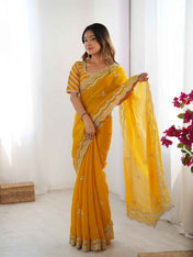 Wedding Wear Yellow Color Jimmy Chu Saree For Girls