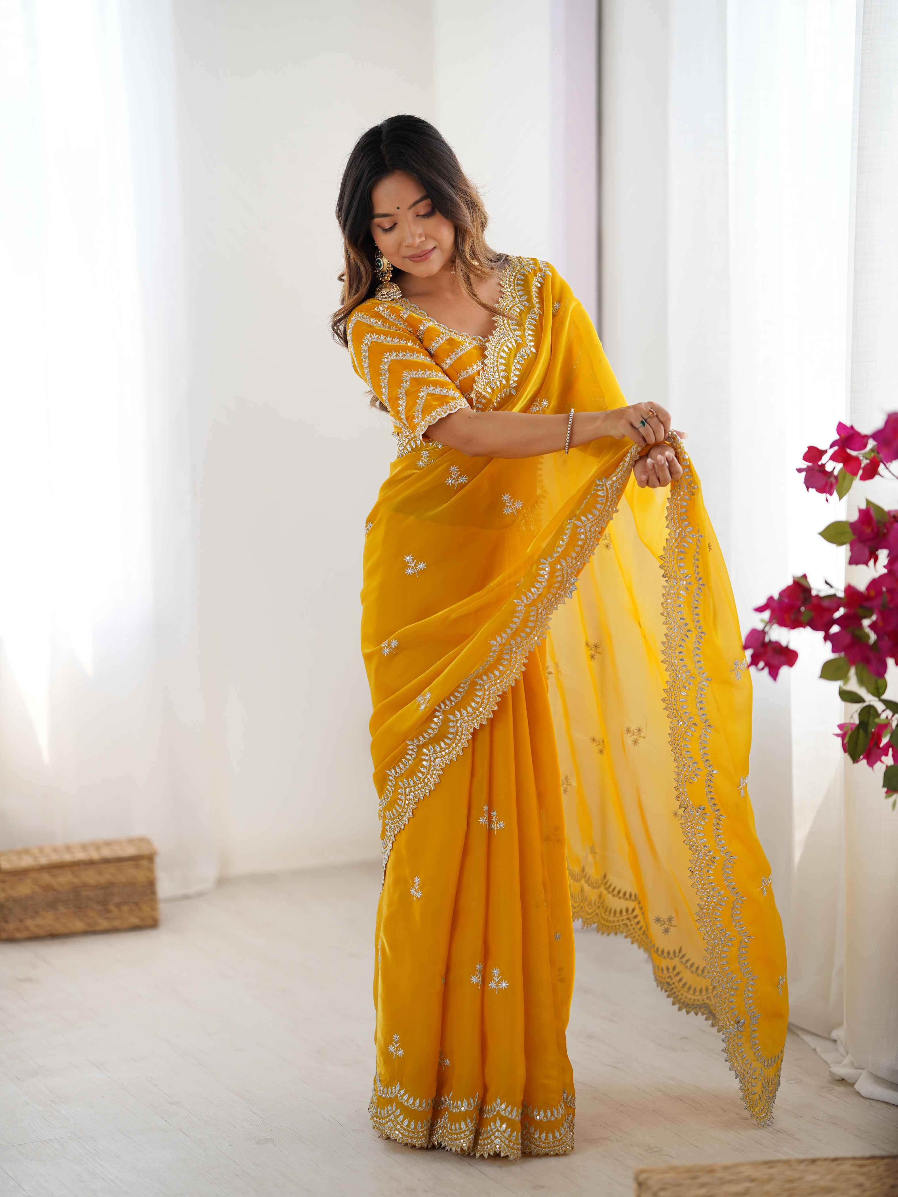 Wedding Wear Yellow Color Jimmy Chu Saree For Girls