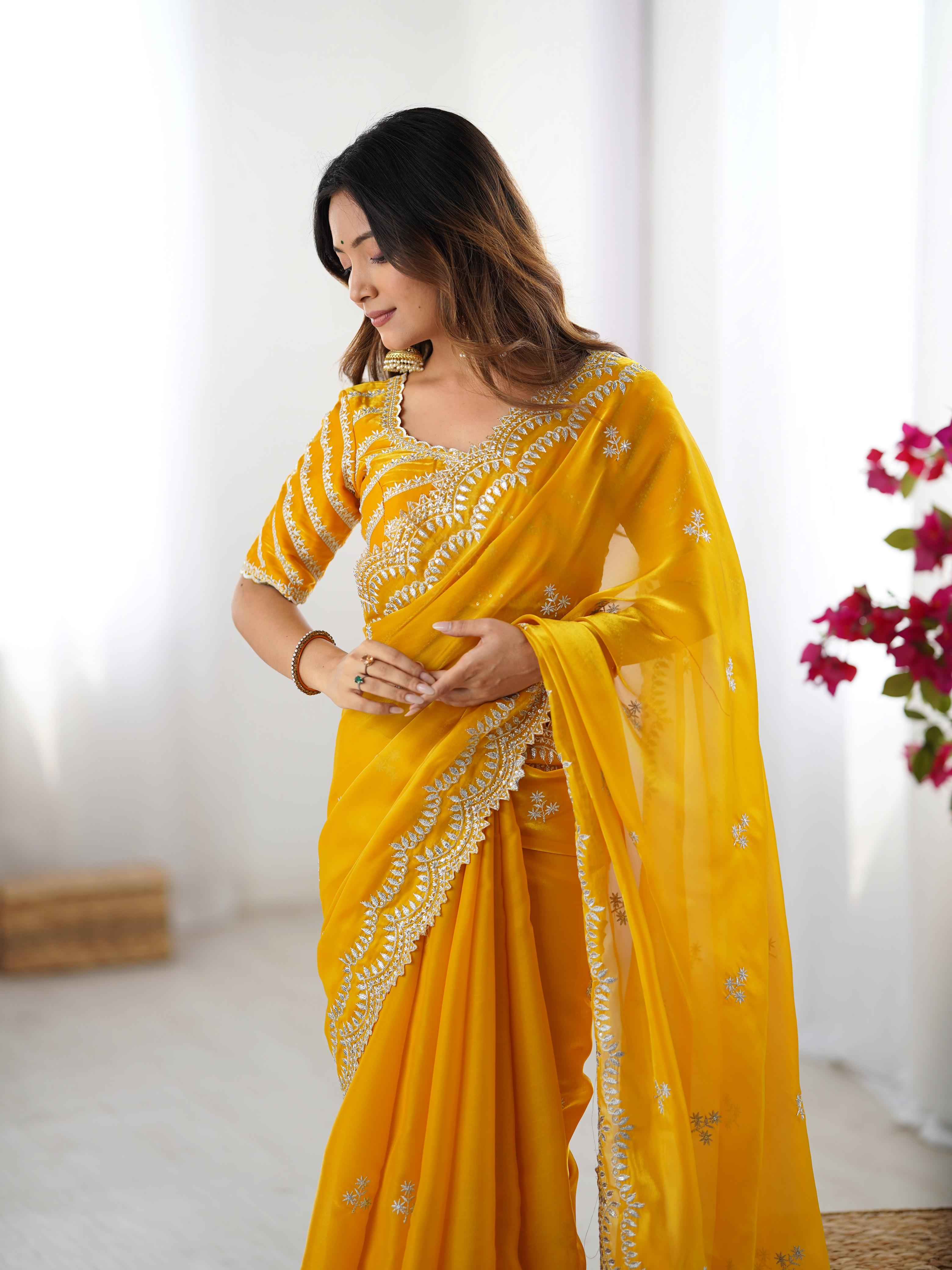 Wedding Wear Yellow Color Jimmy Chu Saree For Girls