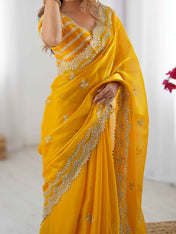 Wedding Wear Yellow Color Jimmy Chu Saree For Girls