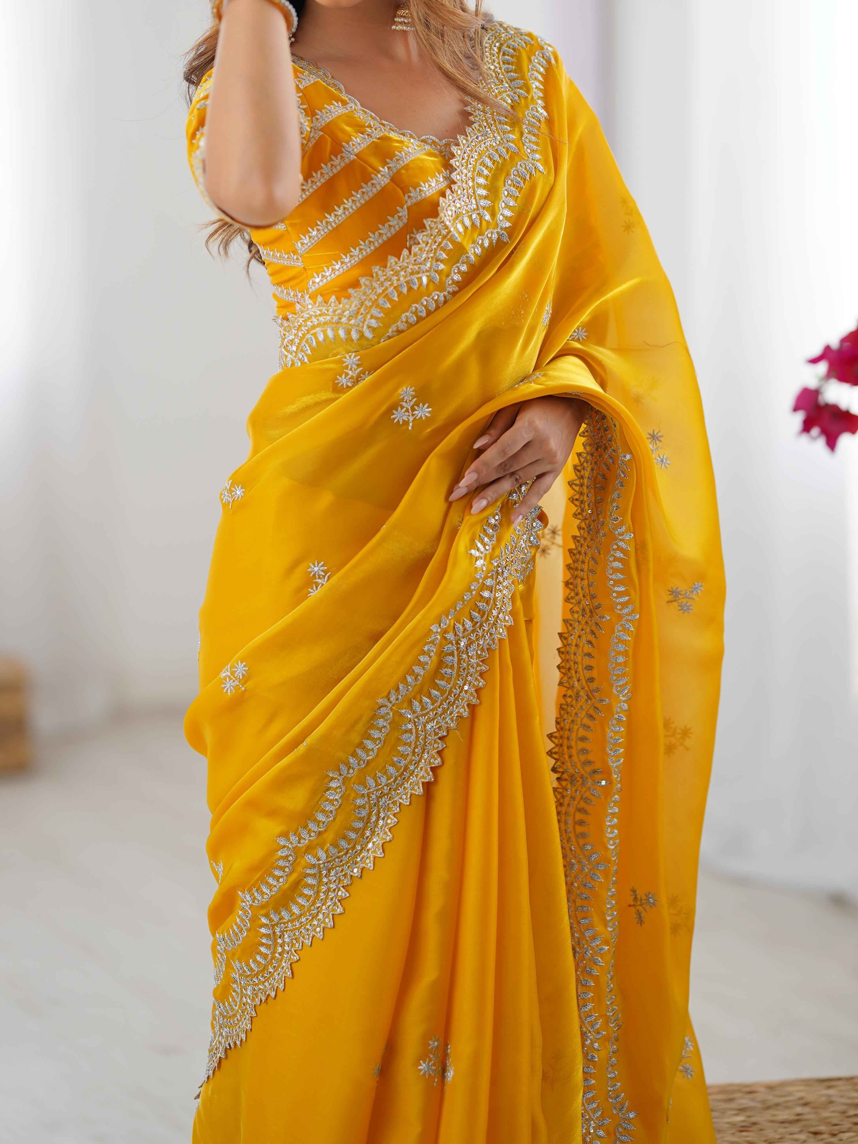 Wedding Wear Yellow Color Jimmy Chu Saree For Girls