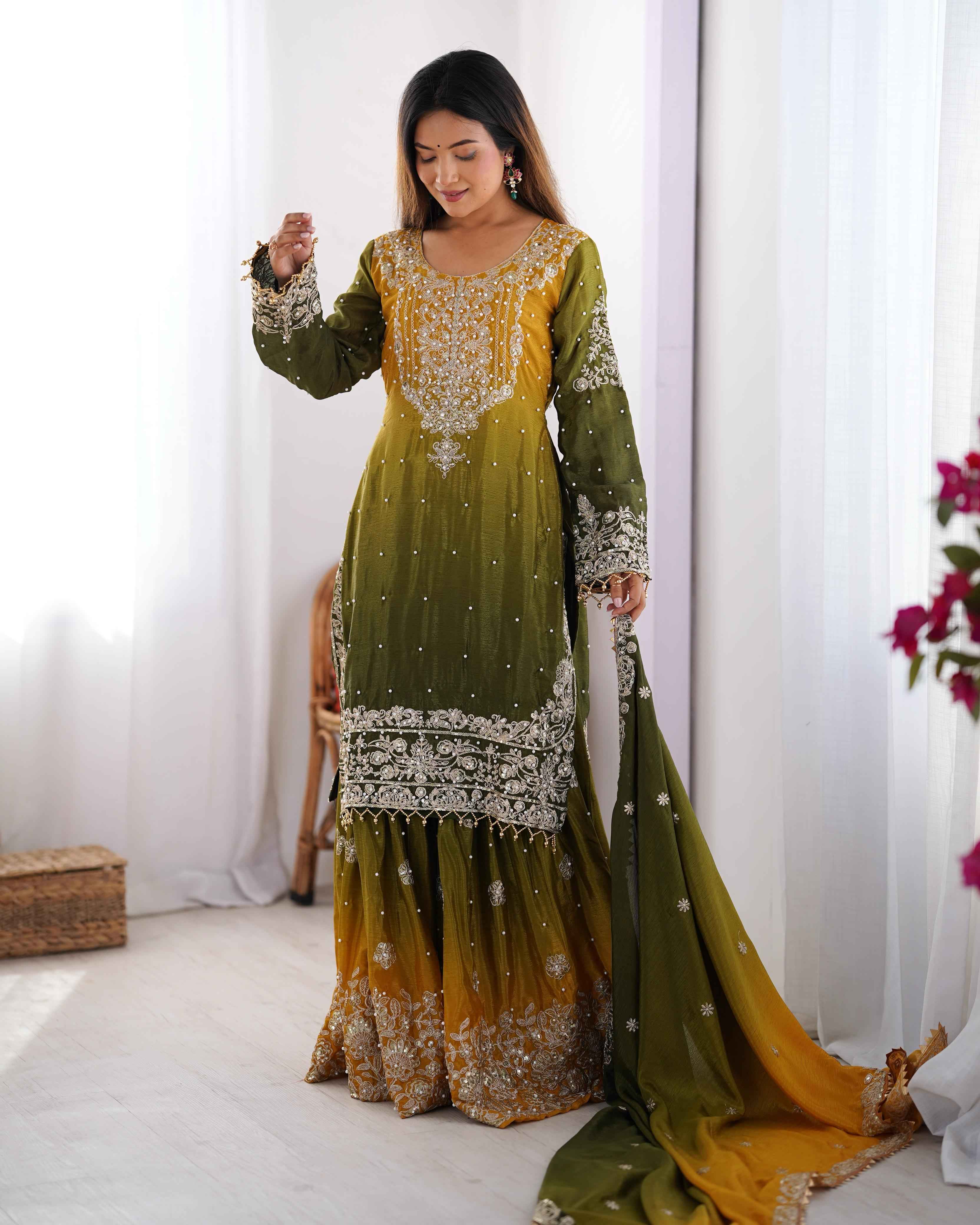 Wedding Wear Multi Color Chinon Silk Sharara For Girls