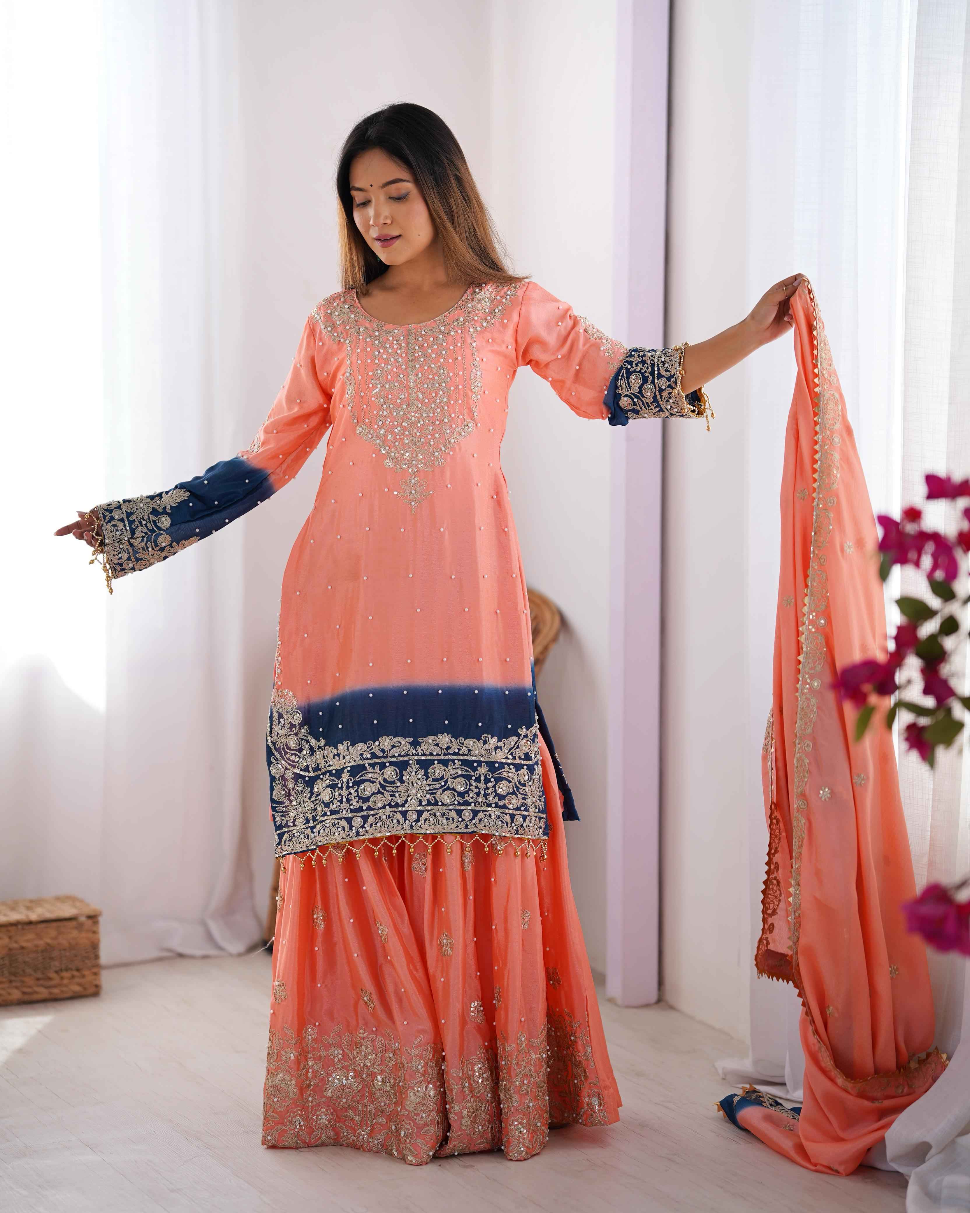 Wedding Wear Multi Color Chinon Silk Sharara For Girls