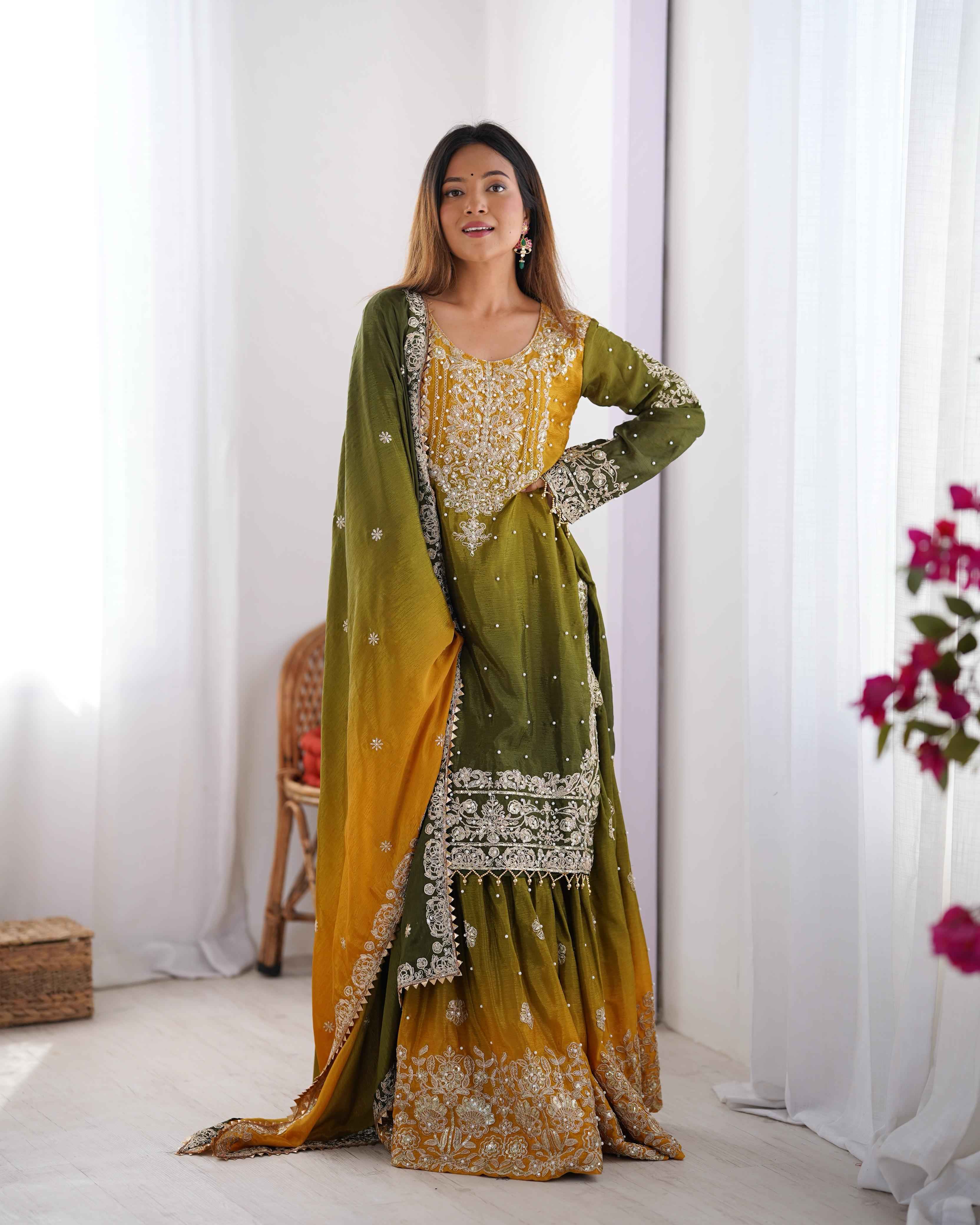 Wedding Wear Multi Color Chinon Silk Sharara For Girls