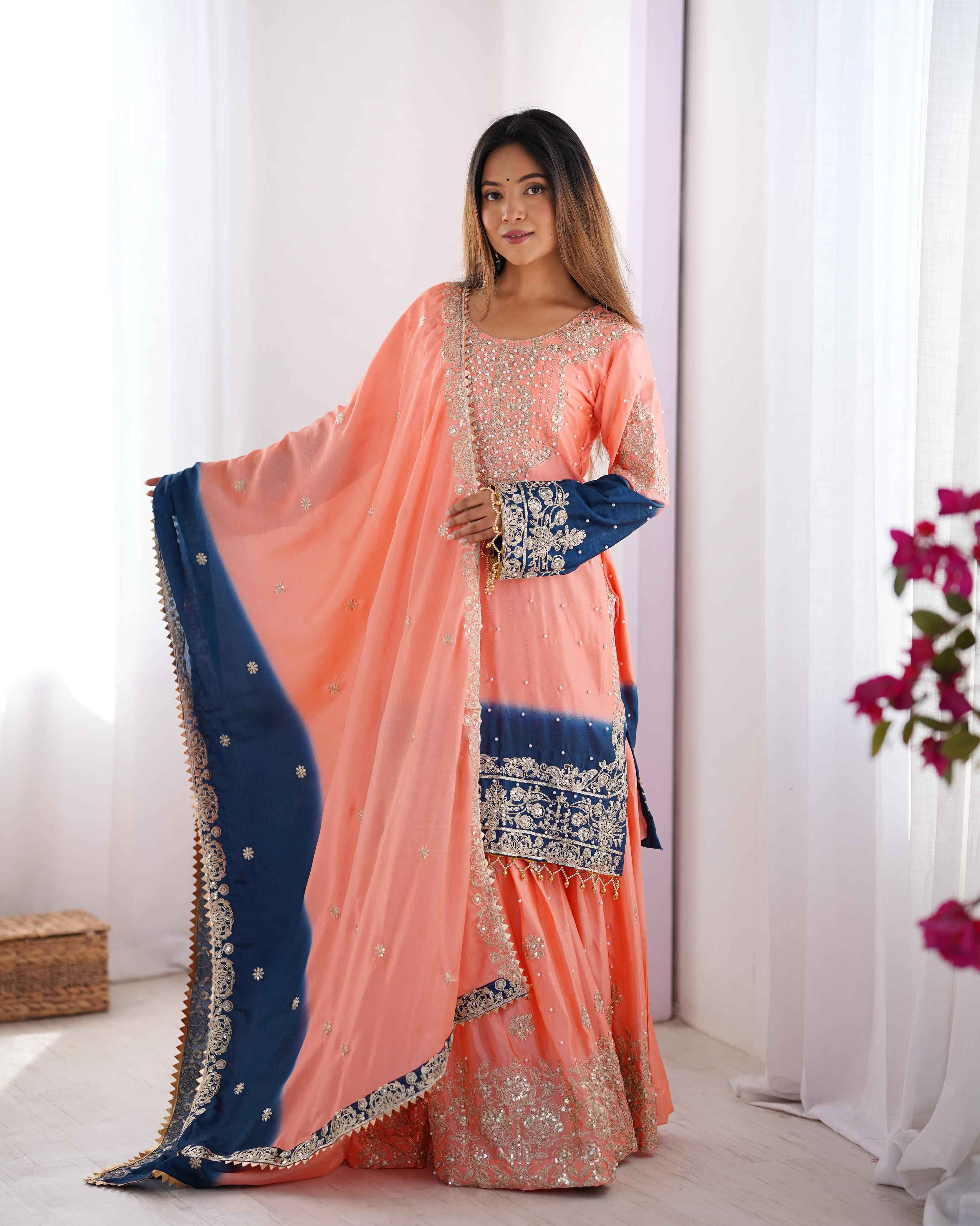 Wedding Wear Multi Color Chinon Silk Sharara For Girls