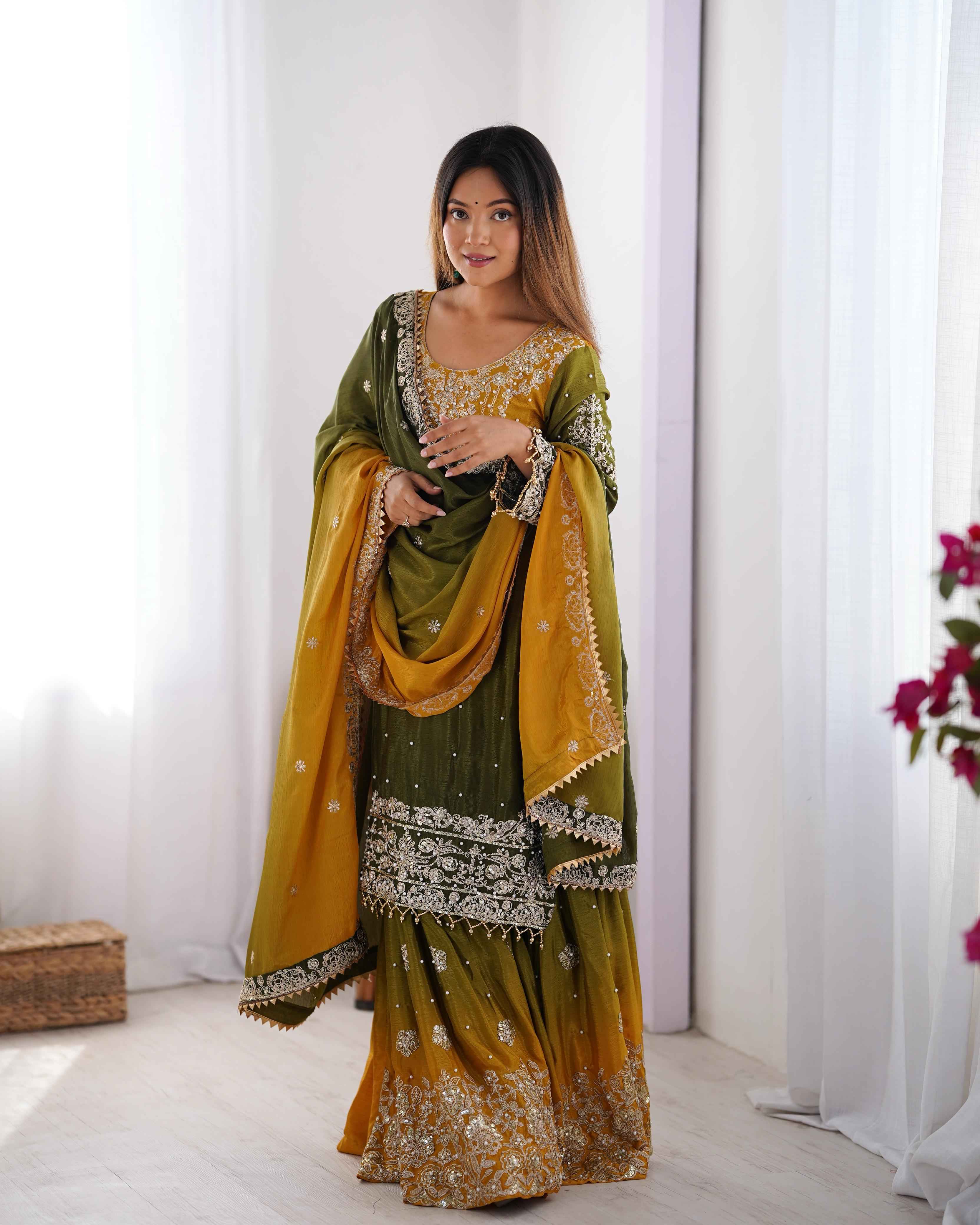 Wedding Wear Multi Color Chinon Silk Sharara For Girls