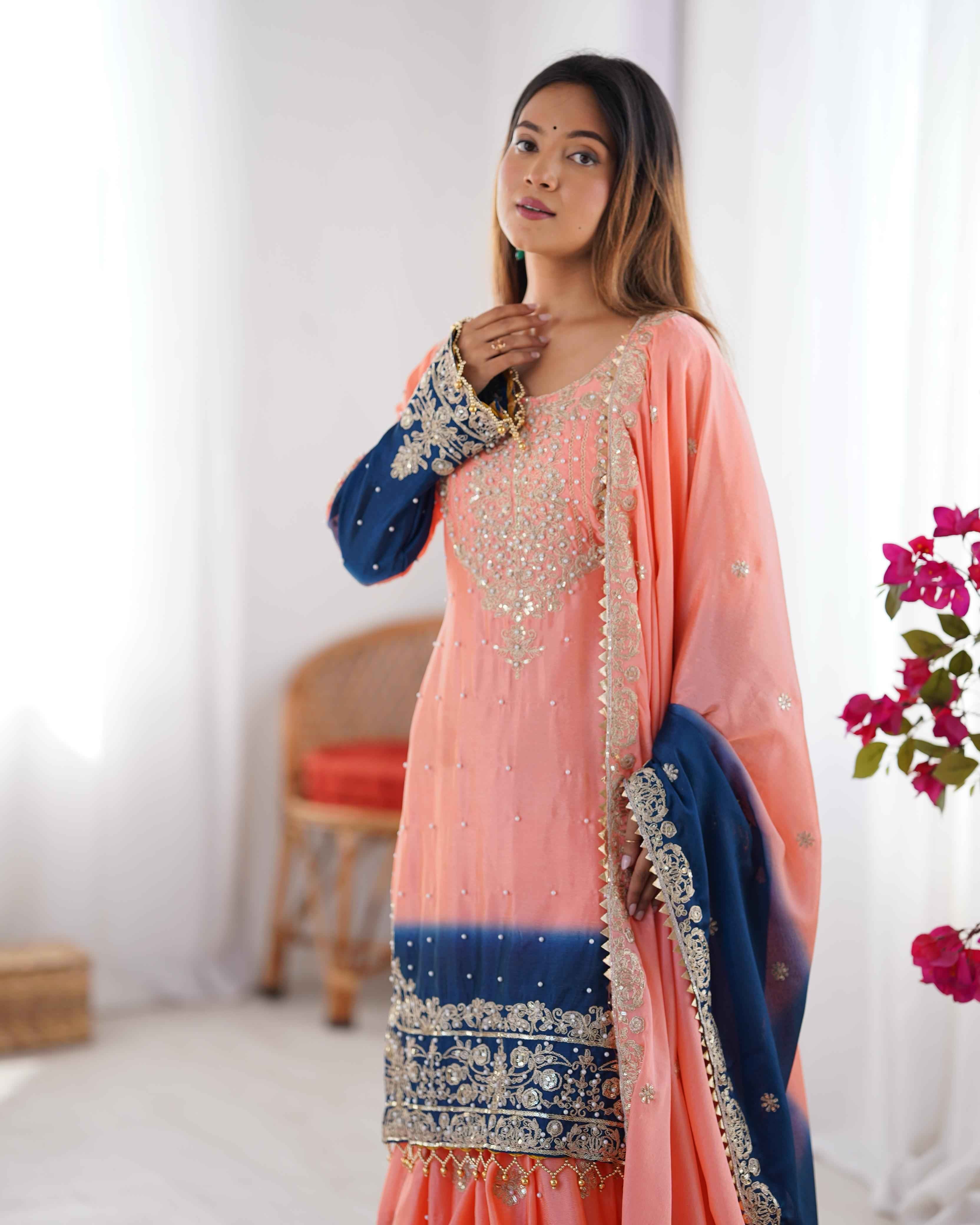 Wedding Wear Multi Color Chinon Silk Sharara For Girls