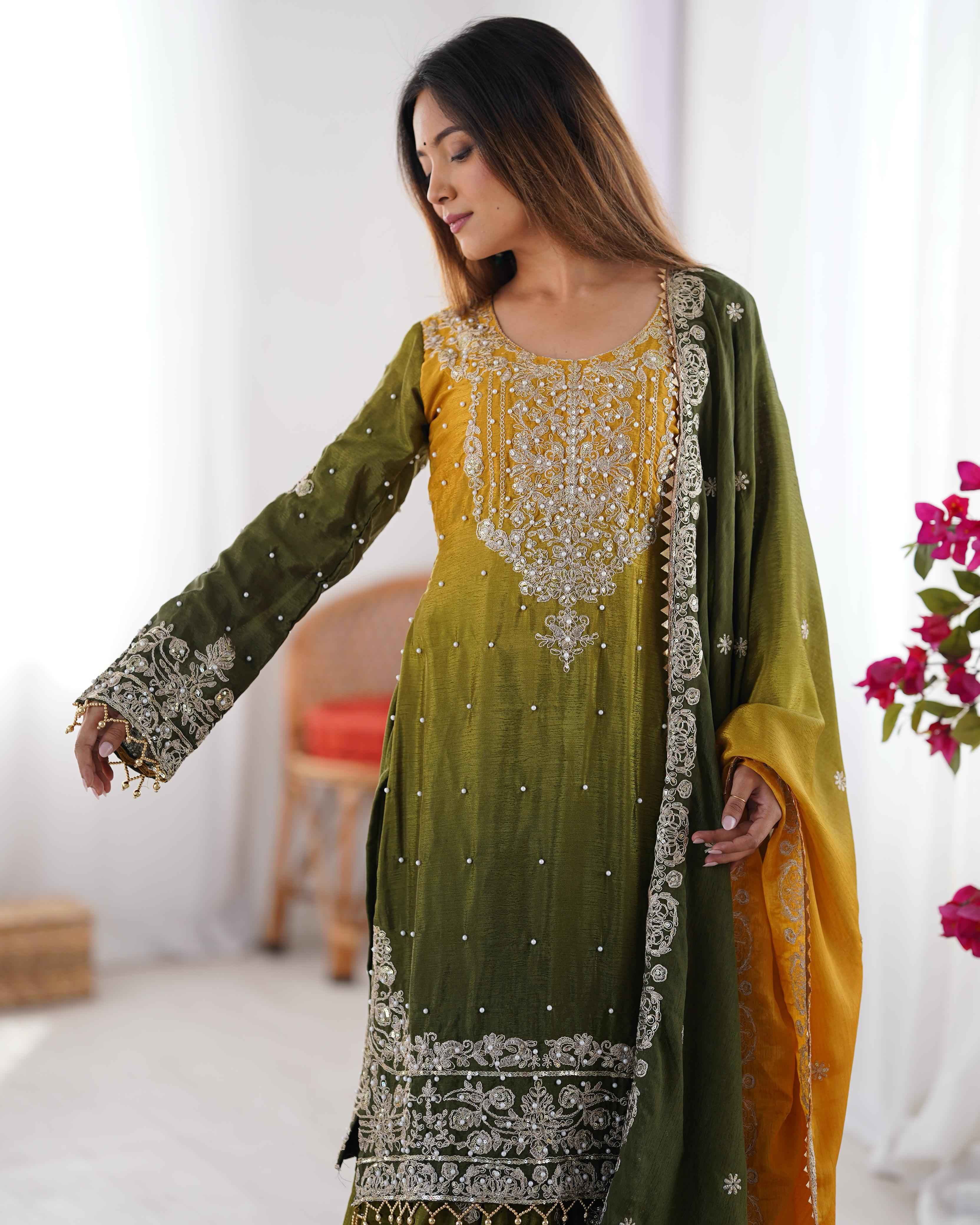 Wedding Wear Multi Color Chinon Silk Sharara For Girls