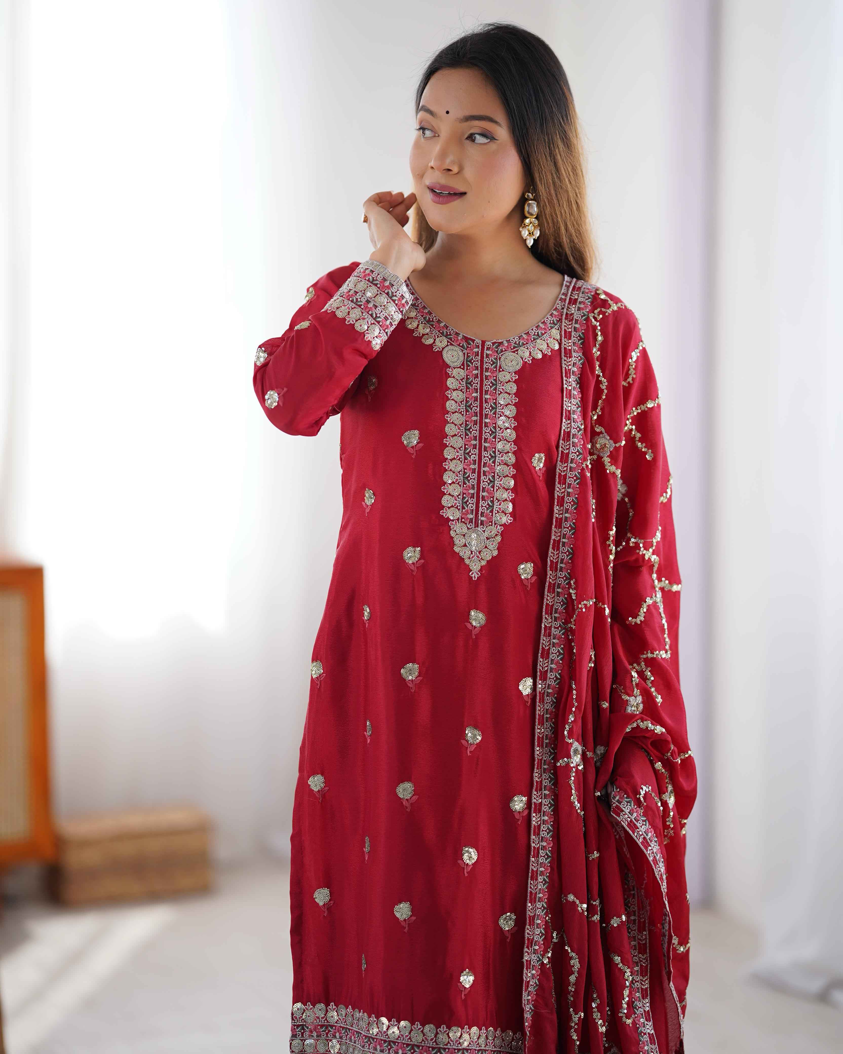 Wedding Wear Red Color Chinon Silk Kurti For Girls