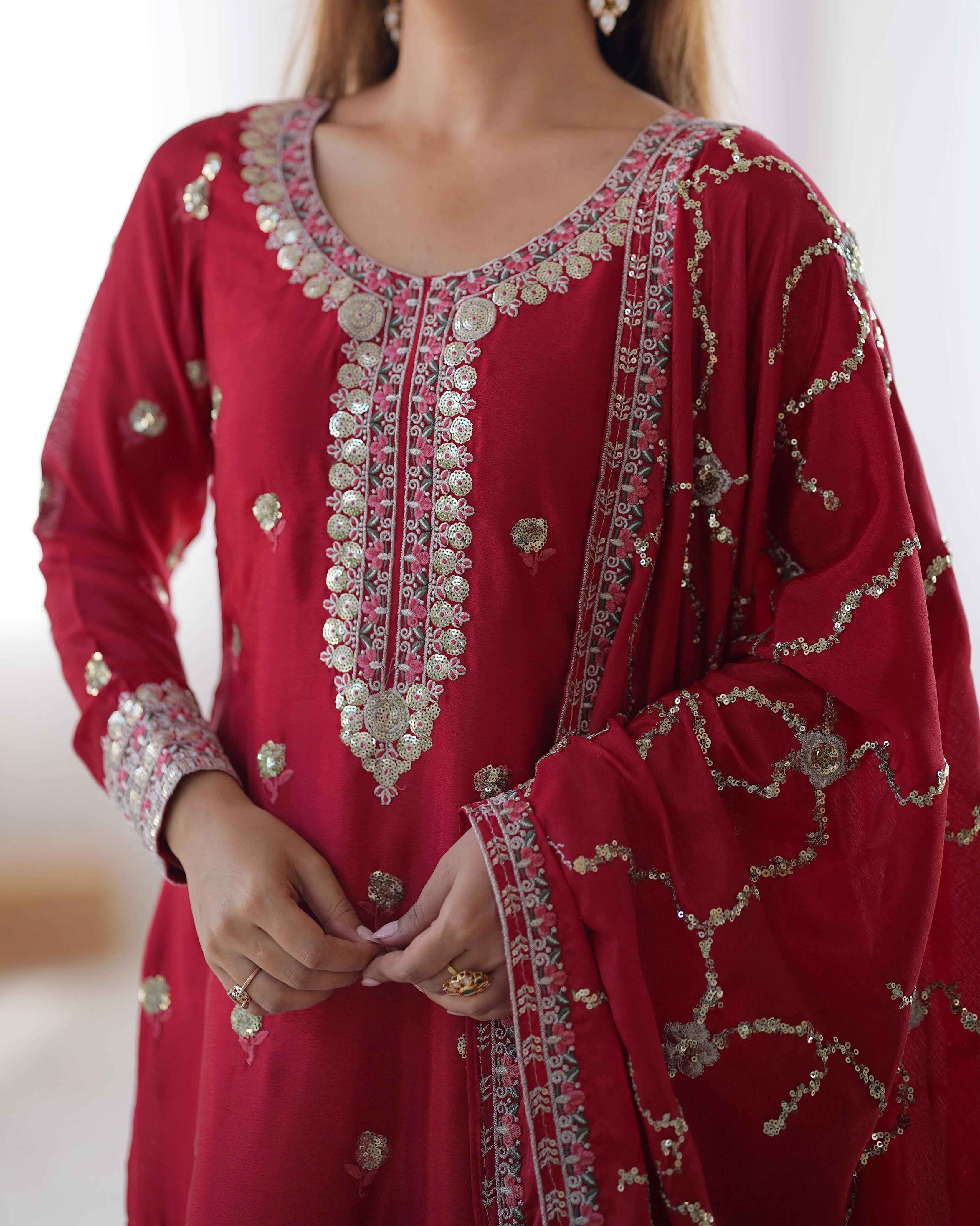 Wedding Wear Red Color Chinon Silk Kurti For Girls