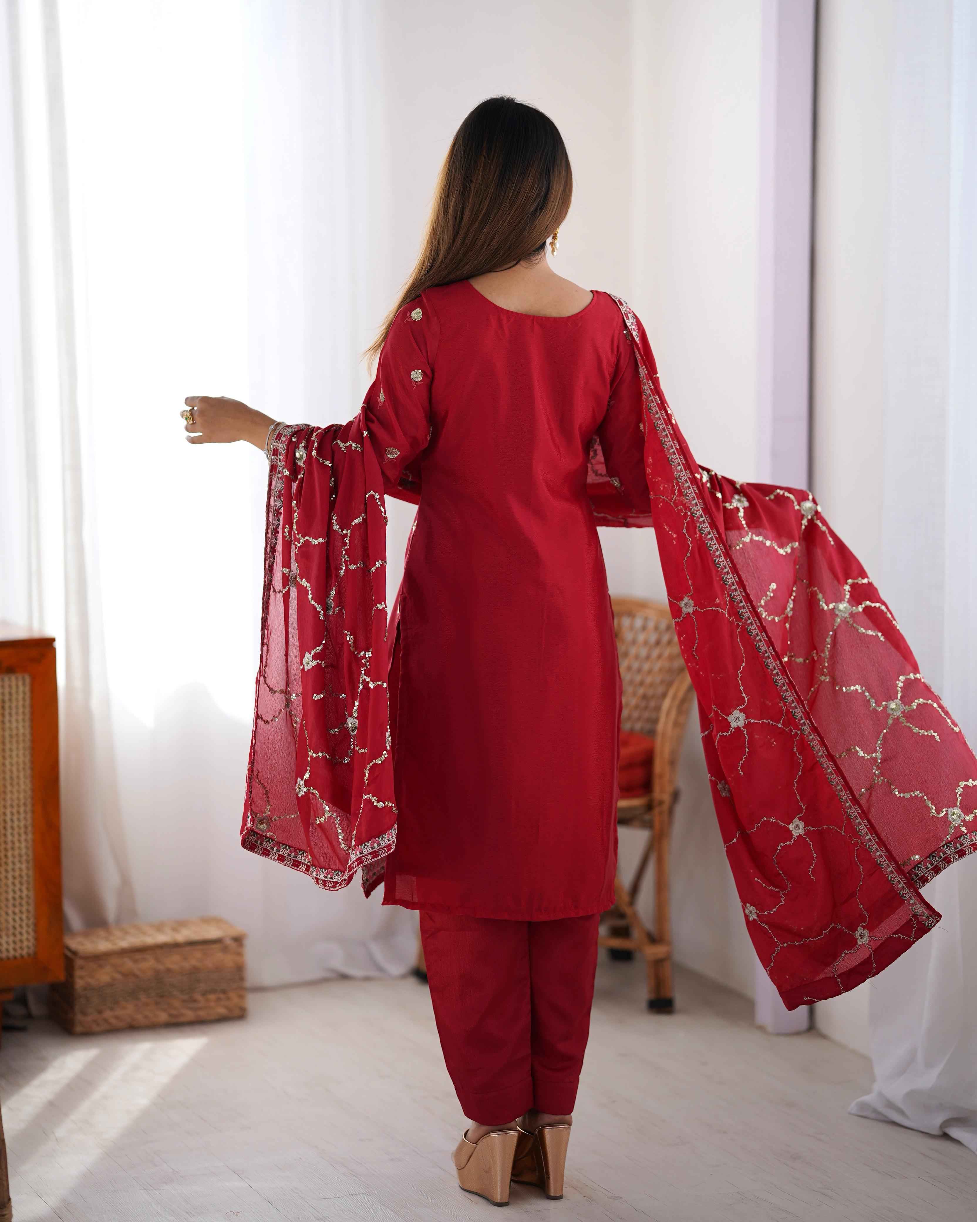 Wedding Wear Red Color Chinon Silk Kurti For Girls