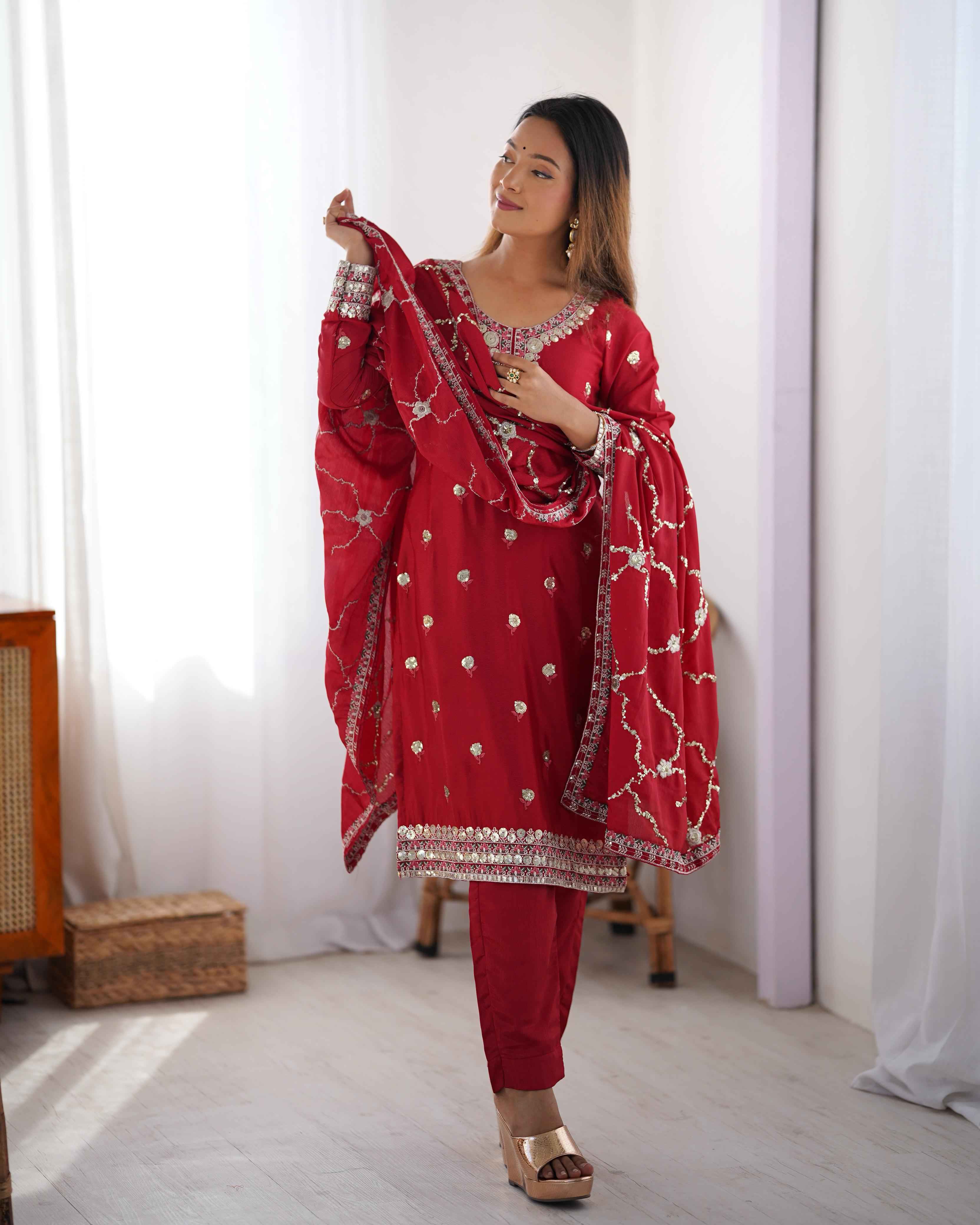Wedding Wear Red Color Chinon Silk Kurti For Girls