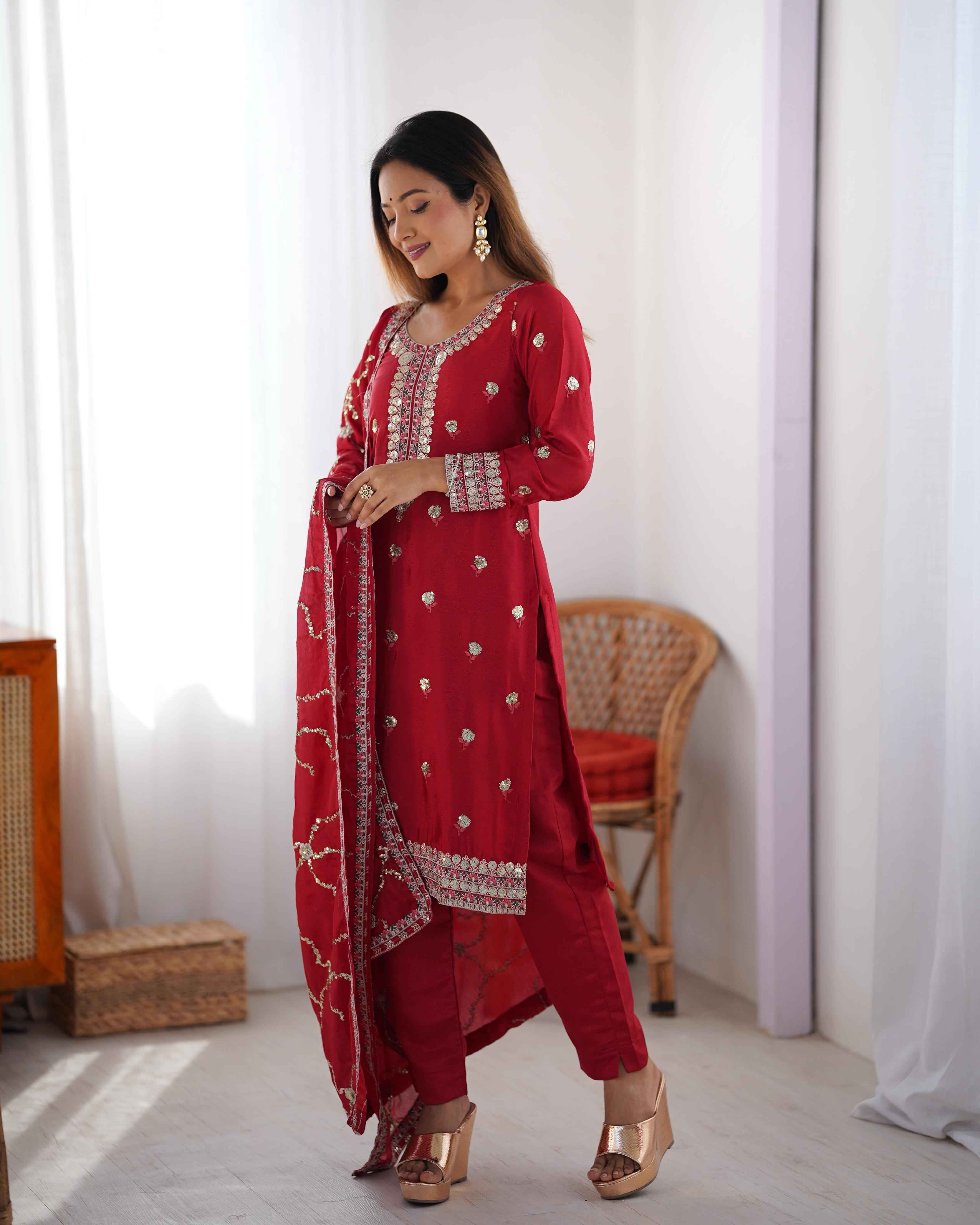 Wedding Wear Red Color Chinon Silk Kurti For Girls
